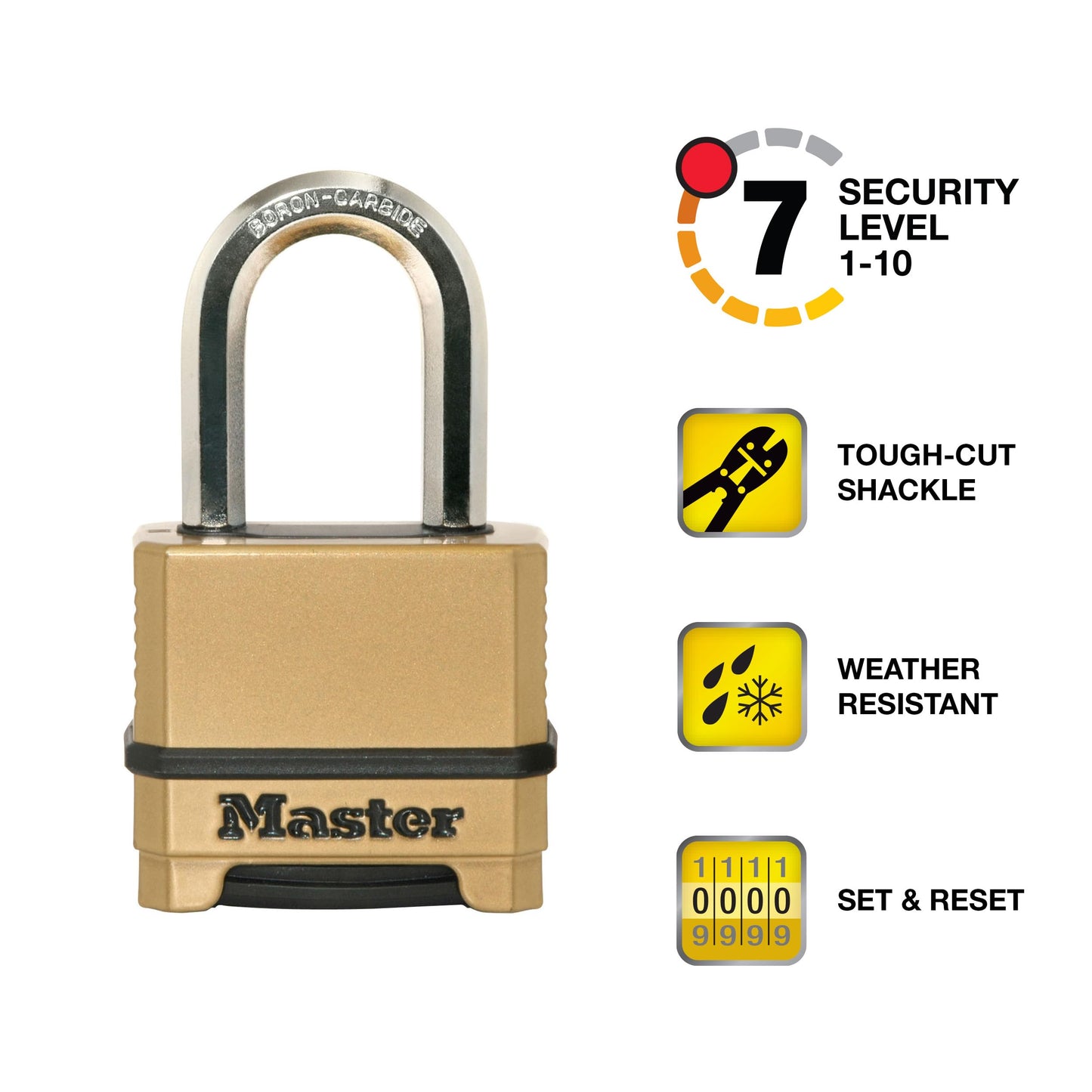 Master Lock Combination Lock, Heavy Duty Weatherproof Padlock, Resettable for Outdoor Use, Brass Finish, M175XDLF