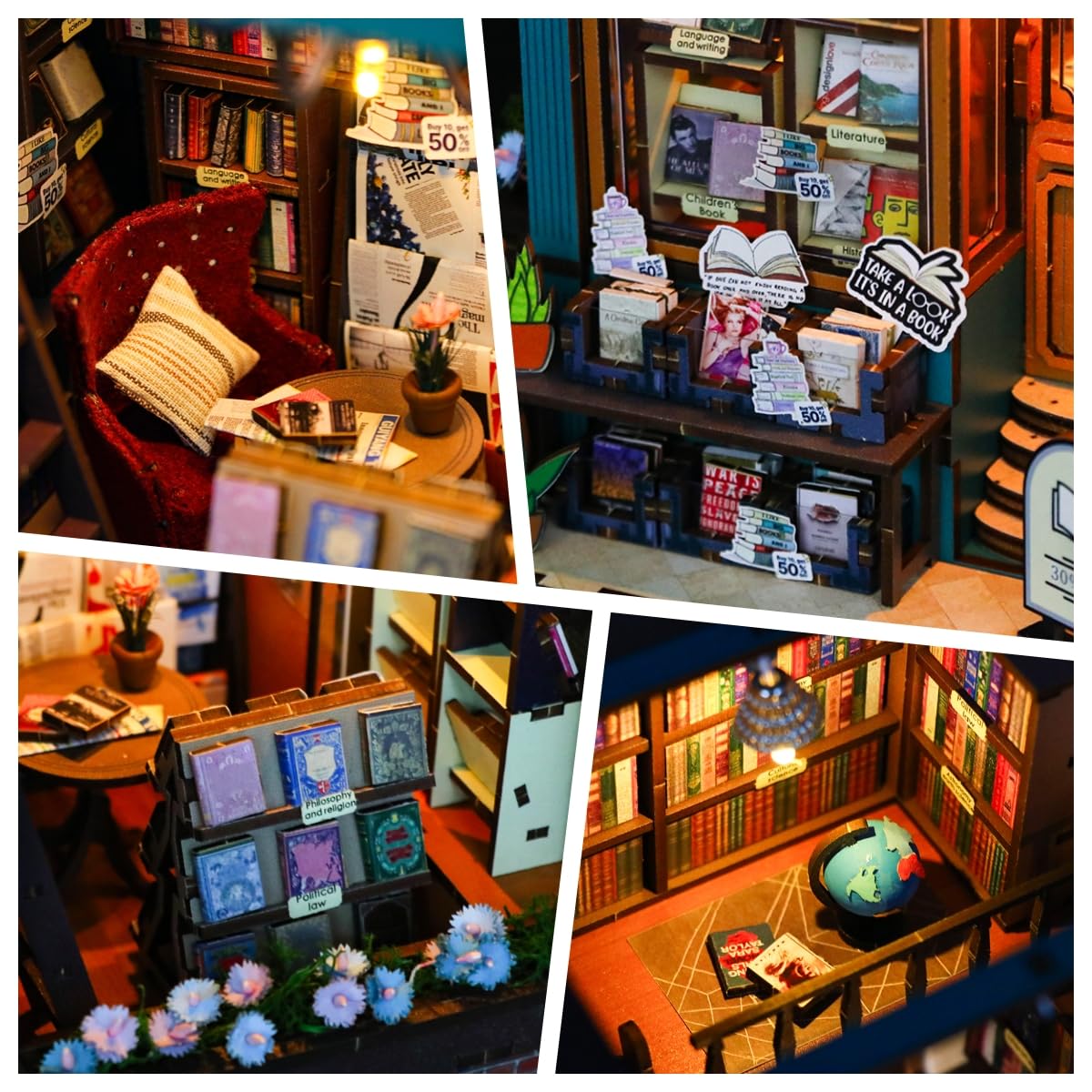 RICFURPET DIY Book Nook Kit with Music Box, Wooden 3D Puzzle Dollhouse with LED, Miniature House Kit Bookends for Adult and Teen, Bookshelf Decor, Creative Gift for Friends and Family. Soul Bookstore