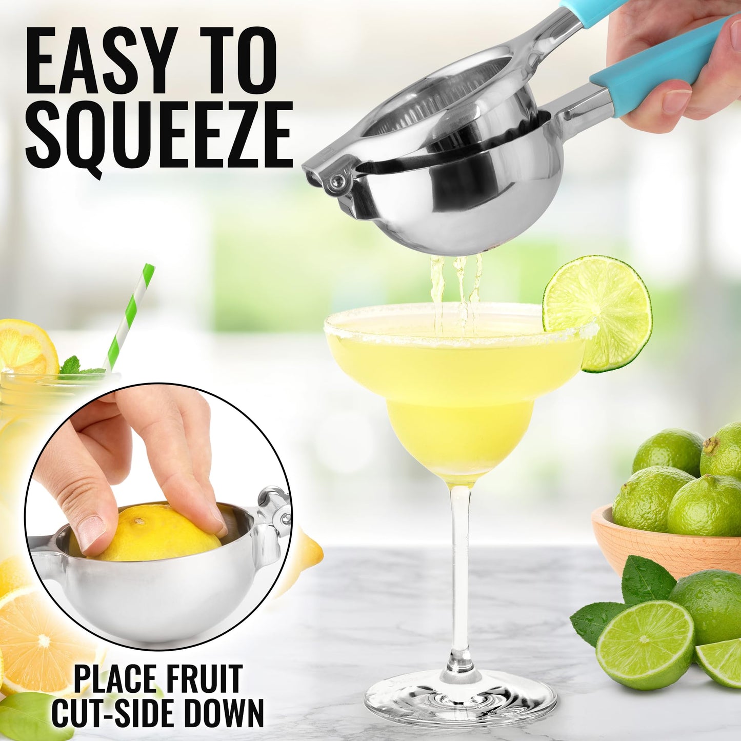 Zulay Lemon Squeezer Stainless Steel with Premium Heavy Duty Solid Metal Squeezer Bowl (Black Grip, Large)