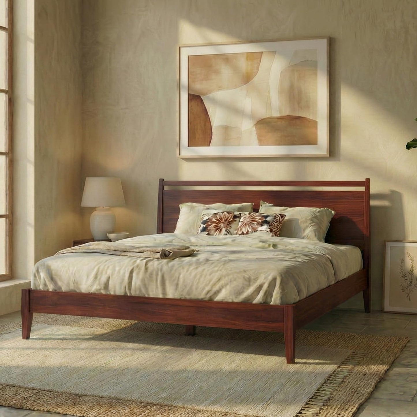 NTC Adept Wooden Bed Frame with Headboard, Crafted from Walnut, Rubber Wood with Silent Slats and Wood Central Supports, 1000 Lb Capacity, Effortless Assembly, King - Dark Walnut