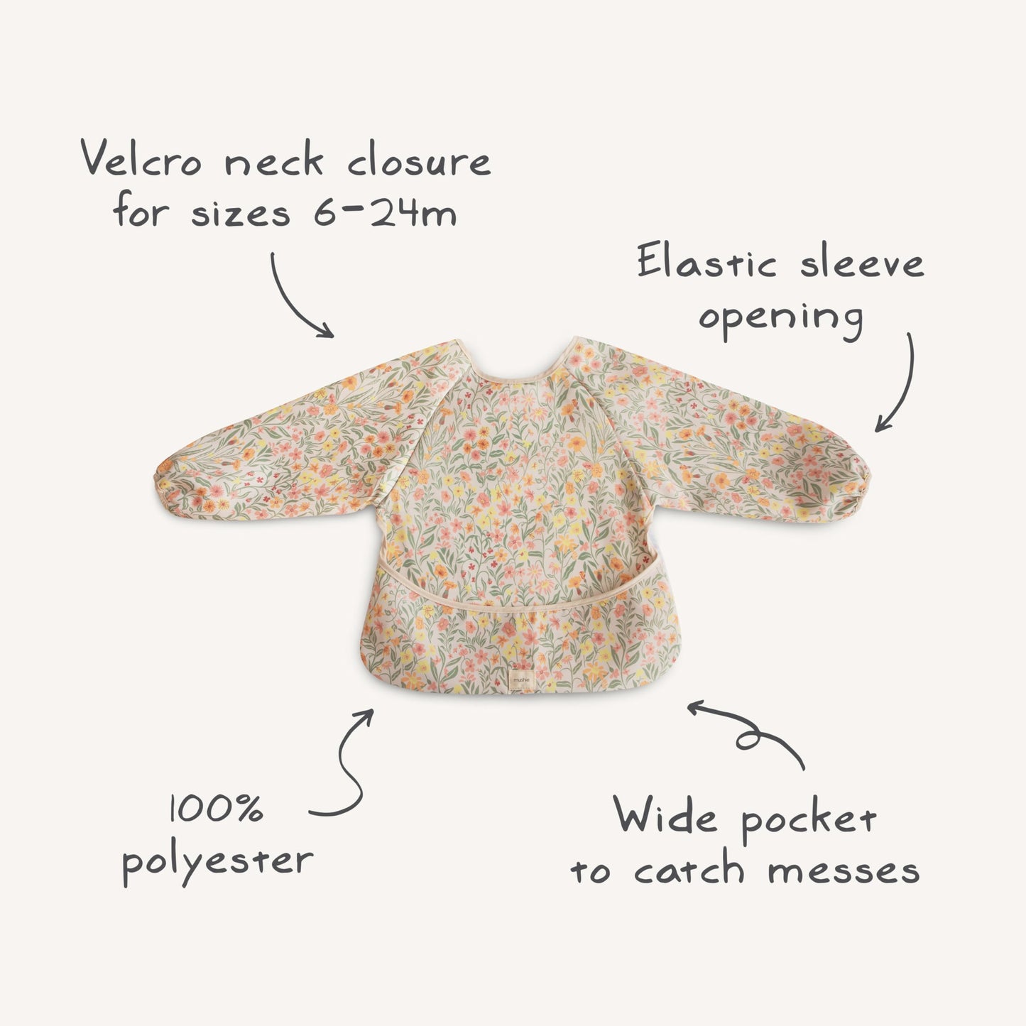 mushie Long Sleeve Baby Bib | Water Resistant Adjustable Fit for Ages 6-24 Months (Retro Flowers)