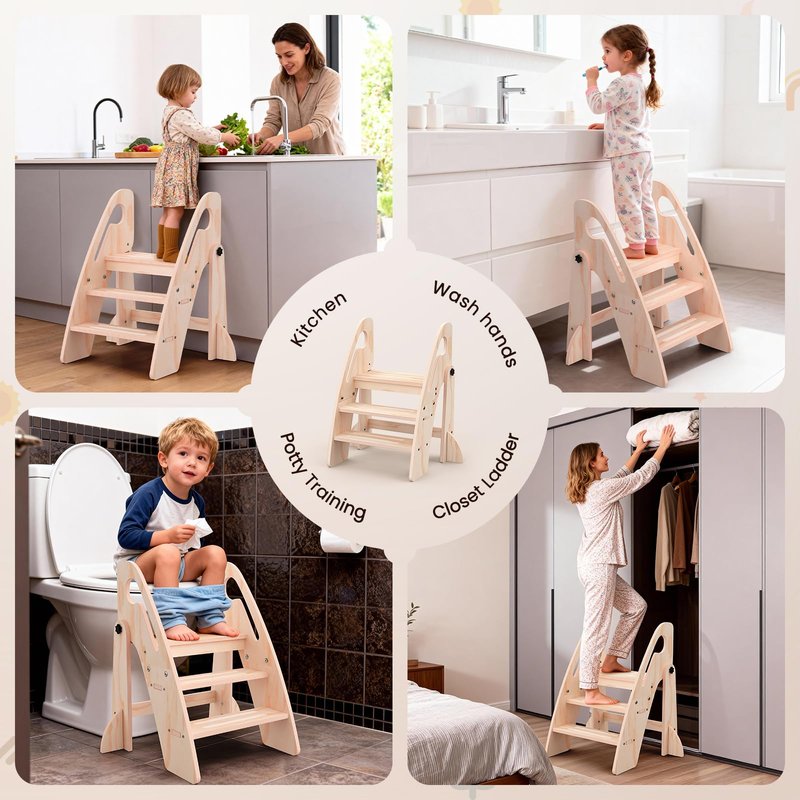 Toddler Step Stool, Wooden Foldable 3-Step Stool for Kids, Potty Training Stool with Handles and Non-Slip Strips for Bathroom Sink, Kitchen, Bedroom