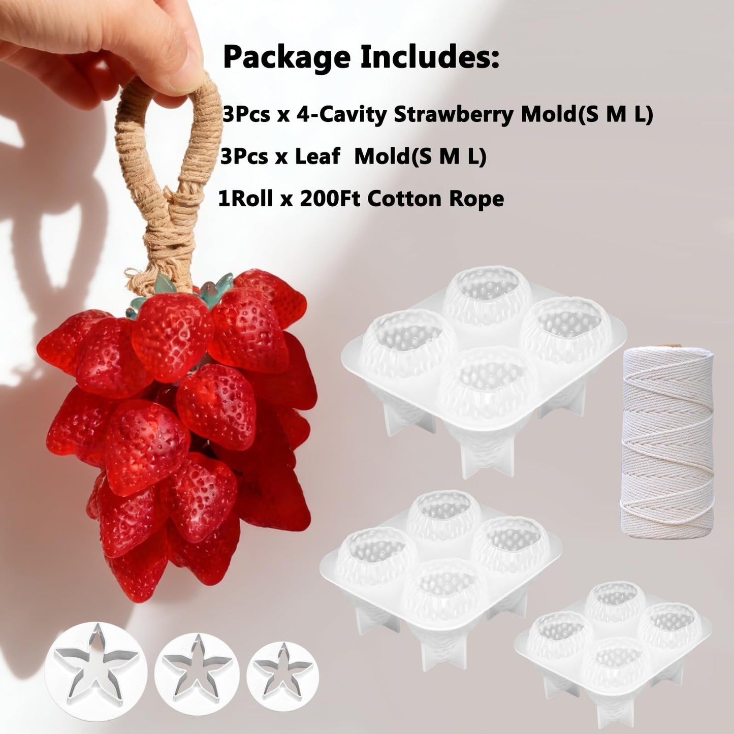 3D Strawberry Grape Silicone Molds, 3 Sets Strawberry Soap Candle Molds with 3 Leaf Molds & 200Ft White Cotton Rope for Soap Making, Scented Candle DIY & Craft Gifts