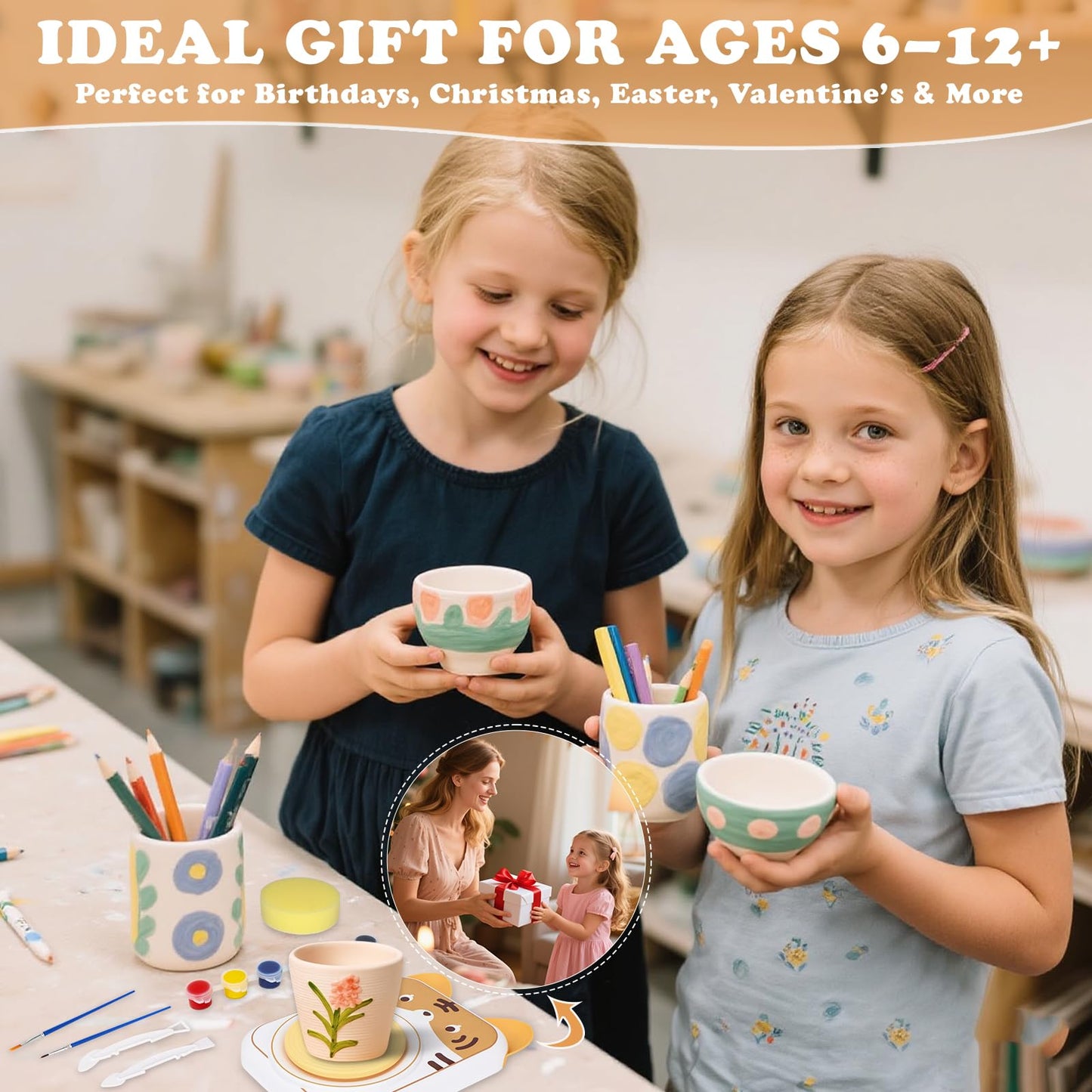 YOOIU Pottery Wheel for Kids, Art Supplies Arts & Crafts Kit, Crafts Toys for Girls 6+, Pottery Studio Craft Kit with 4 Pack Air-Dry Clay,Girls Toys Birthday Gift for Kids Ages 6 7 8 9 10 11 12+