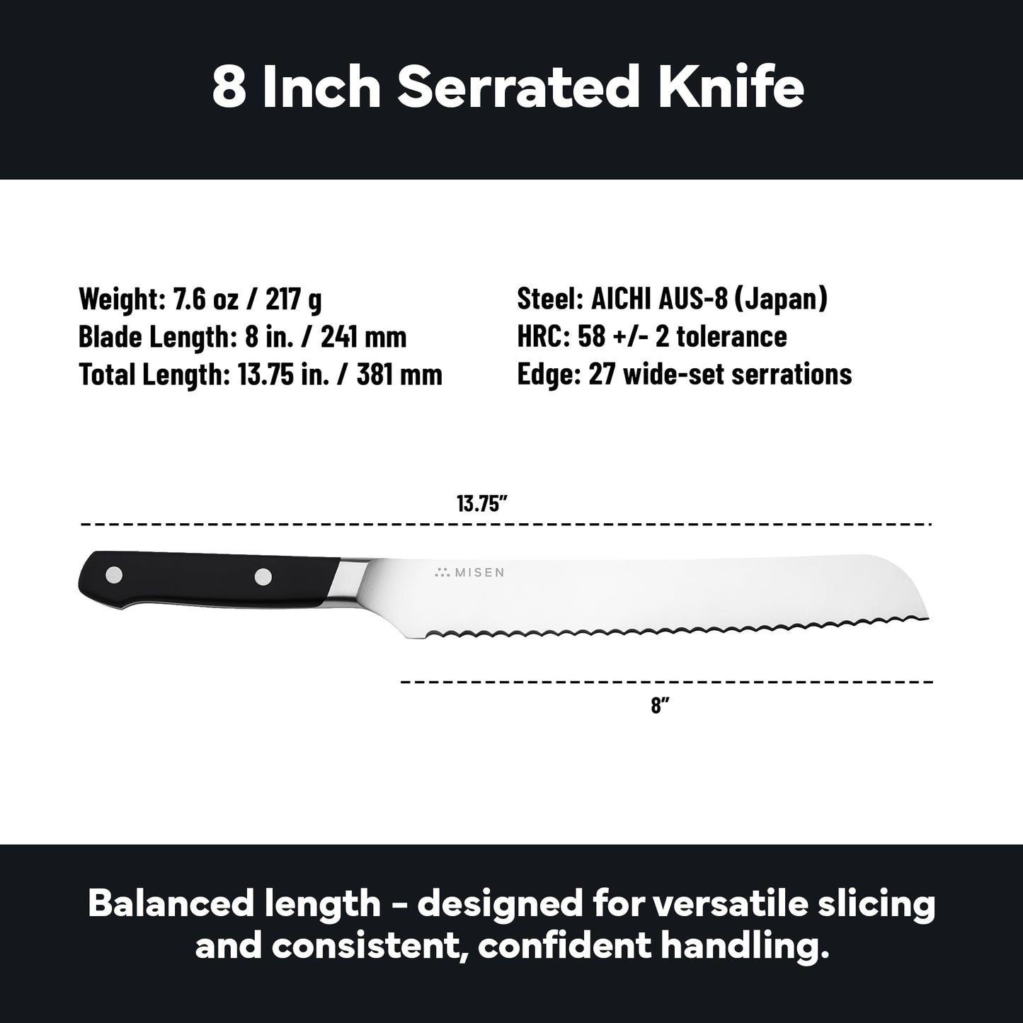 Misen Serrated Bread Knife - High-Carbon Japanese AUS8 Steel - Perfect for Soft Foods, Bread, Pastries, and Fruits - Verstatile Slicer, Razor-Sharp Edge, Durable Blade, Ergonomic Handle - 8", Black