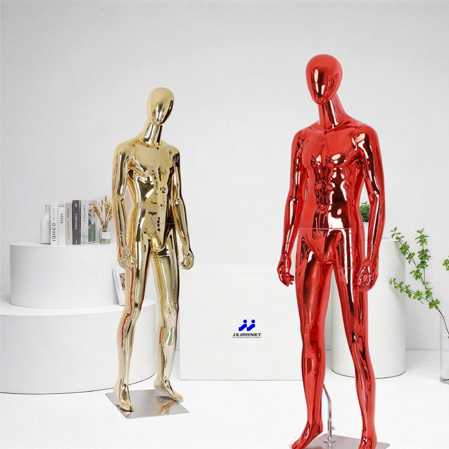 Full Body Male Mannequin with Chrome Metallic Finish, Fiberglass Abstract Dress Form with Posable Head, Futuristic Retail Display Dummy with Metal Base for Men's Fashion Window(Chrome Silver)