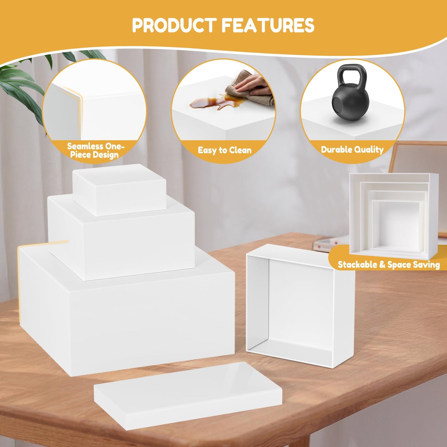 10 Pcs Large Acrylic Buffet Risers, White Food Display Stands for Buffet, Dessert Table, Jewelry, and Catering, Stackable Food Risers with Hollow Bottoms, Nesting Cube Box (12"-11"-10"-9"-8"-7"-6"-5")