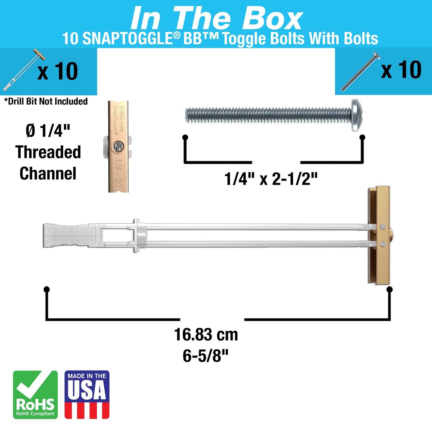 TOGGLER SNAPTOGGLE BB Toggle Anchor with Bolts, Zinc-Plated Steel Channel, Made in US, 3/8" to 3-5/8" Grip Range, for 1/4"-20 UNC Fastener Size (Pack of 10)