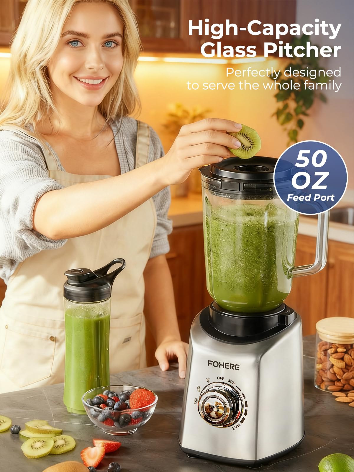 FOHERE Professional Blender Peak 1300W, Countertop Blender with 3 Presets& 5 Speeds for Smoothies, Shakes, and Frozen Drinks, 50 Oz Glass Jar &20 Oz Tritan Jug