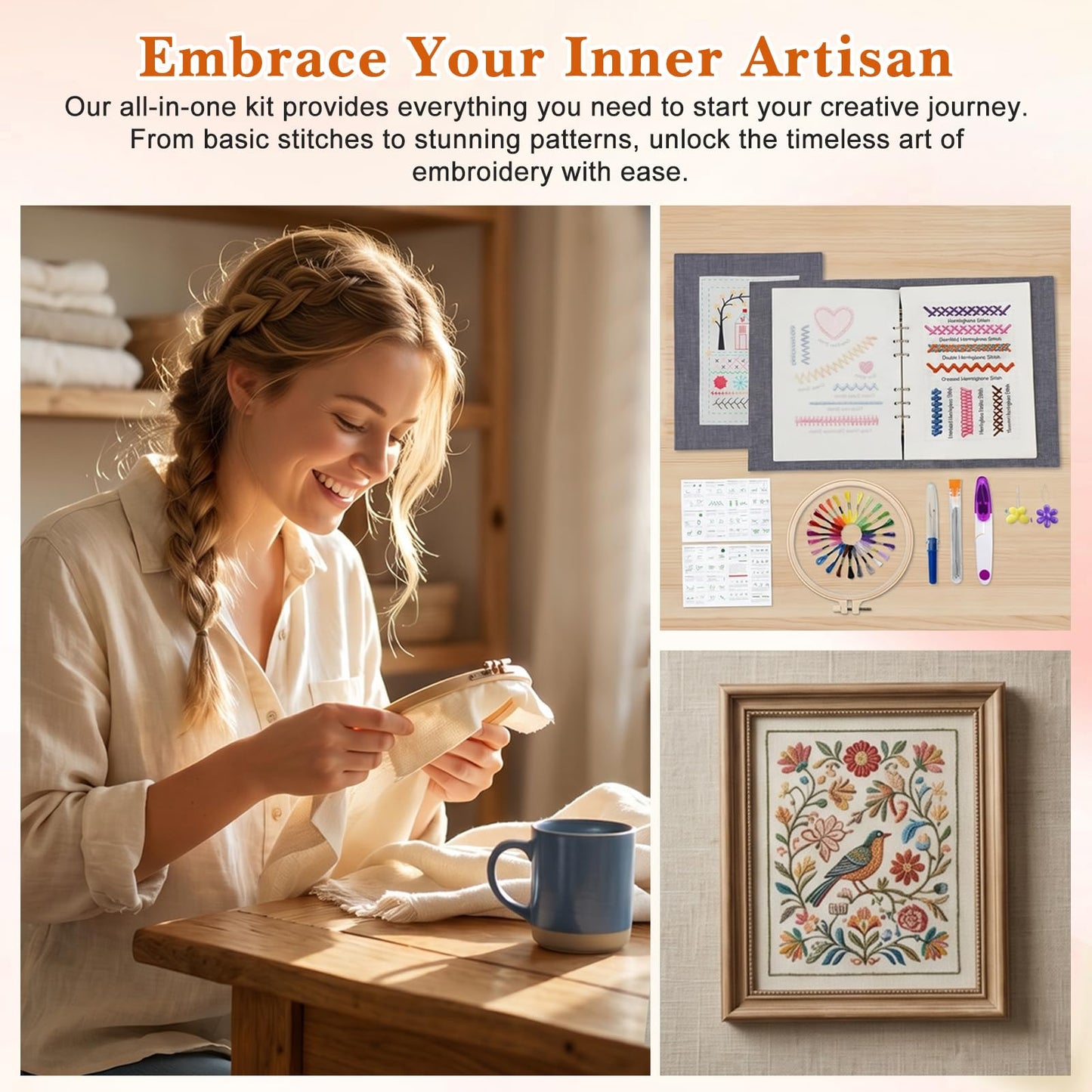 Tofficu Upgraded Embroidery Stitch Book Kit - Beginner Cross Stitch Kit with 6-Ring Binder, 180 Patterns, 24-Color Threads & Tools, All-in-One Embroidery Starter Practice Book for Adults DIY Craft