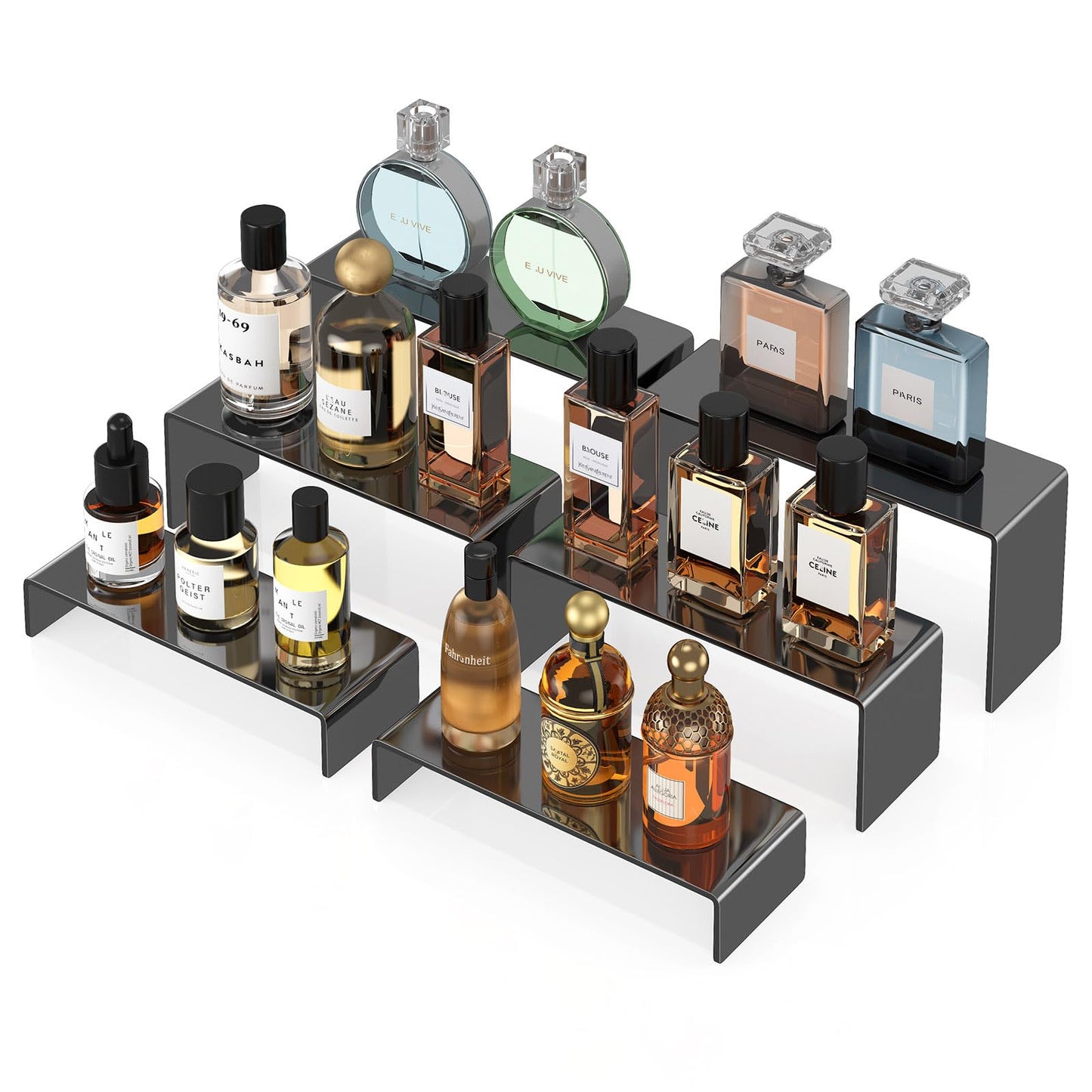 KOSKWKREO 6 PCS Black Acrylic Display Risers for Figures, Collectibles, Jewelry and Perfume, Tiered Stands for Retail Display and Party Table