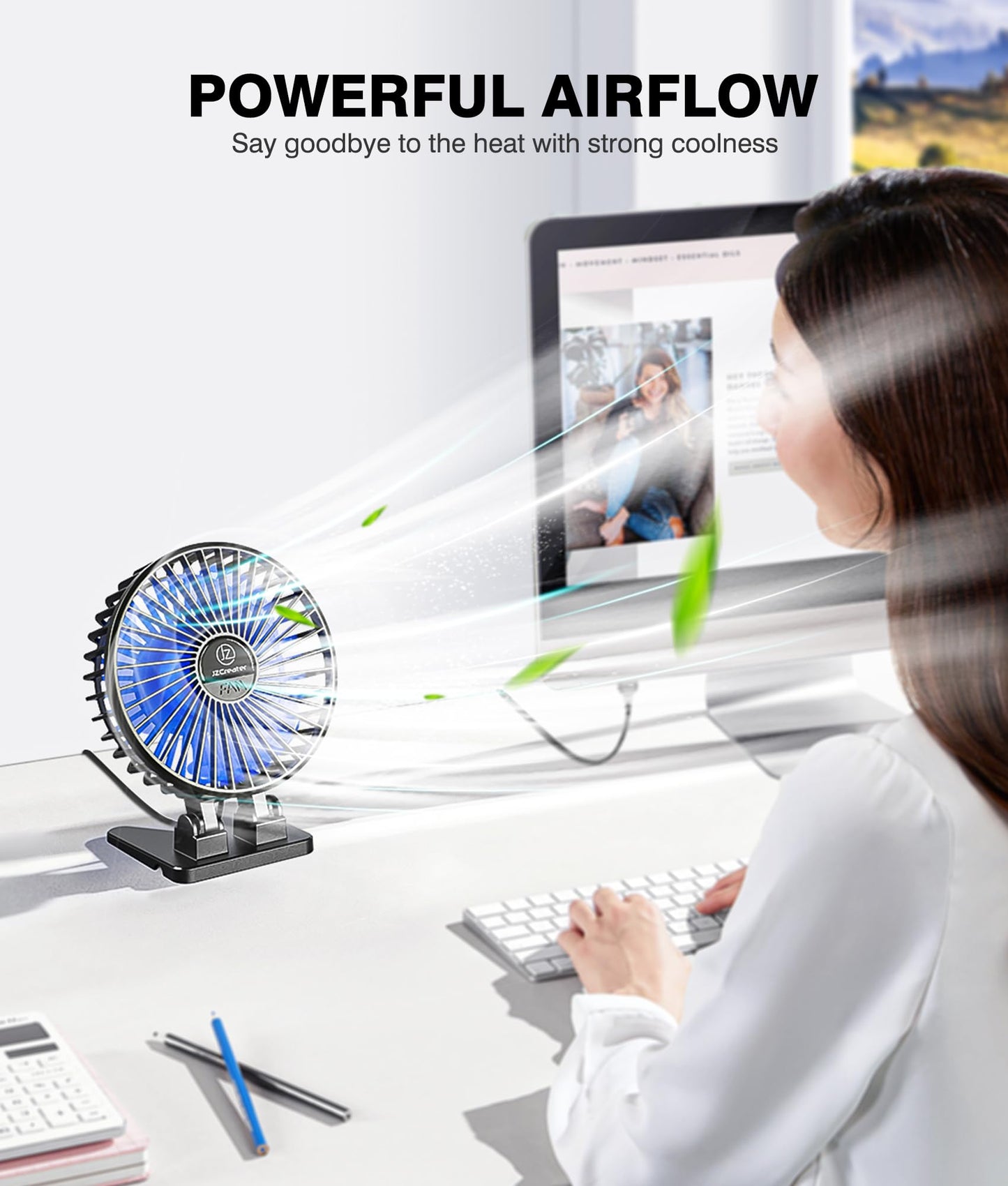 JZCreater USB Desk Fan, Mini Fan Portable, 3 Speeds Desktop Table Cooling Fans, Plug in Power, Rotation Strong Wind, Quiet Personal Small Fan for Home Desktop Office Travel Bedroom, Black (2Pack)