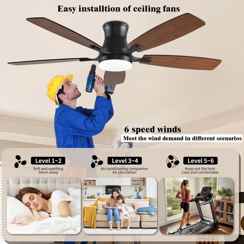 FUMLTP Ceiling fans with Lights, 54 In RGB Low Profile Indoor Ceiling fan with Light and Remote/App Control, Dimmable, Flush Mount, DC Reversible Motor, Noiseless Modern Ceiling Fan For Bedroom(Brown)