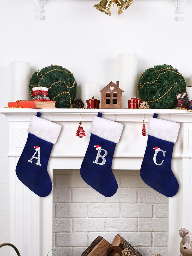 Wlflash 20 Inches Super Soft Plush Monogram Christmas Stockings Xmas Rustic Personalized Stocking Embroidered Letter Decoration for Decor