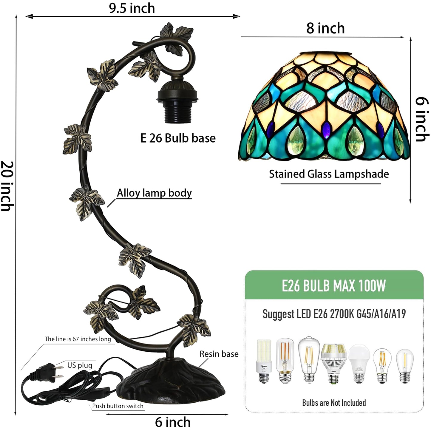 ZYLINX Tiffany Lamp Stained Glass Style Table Lamp 8 x 10 x 21” Peacock Feather Bedside Reading Light with Arched Metal Leaf Base for Desk Bedroom Living Room Study