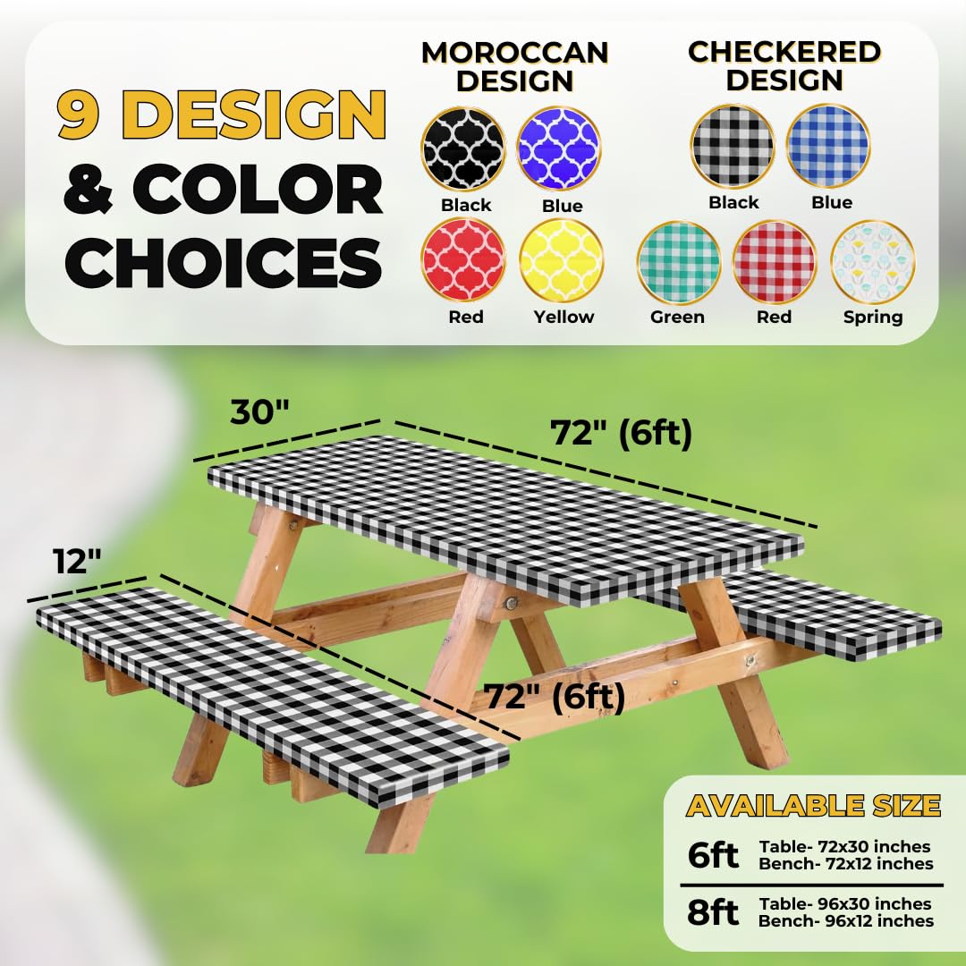 RNOONY Vinyl Fitted Picnic Table Cover with Bench Covers and Bag, 6ft Outdoor Waterproof Windproof Tablecloth with Elastic Edges. Camping RV Gear Campers Must Have 72x30 Inches 4 Pcs Set (Black)
