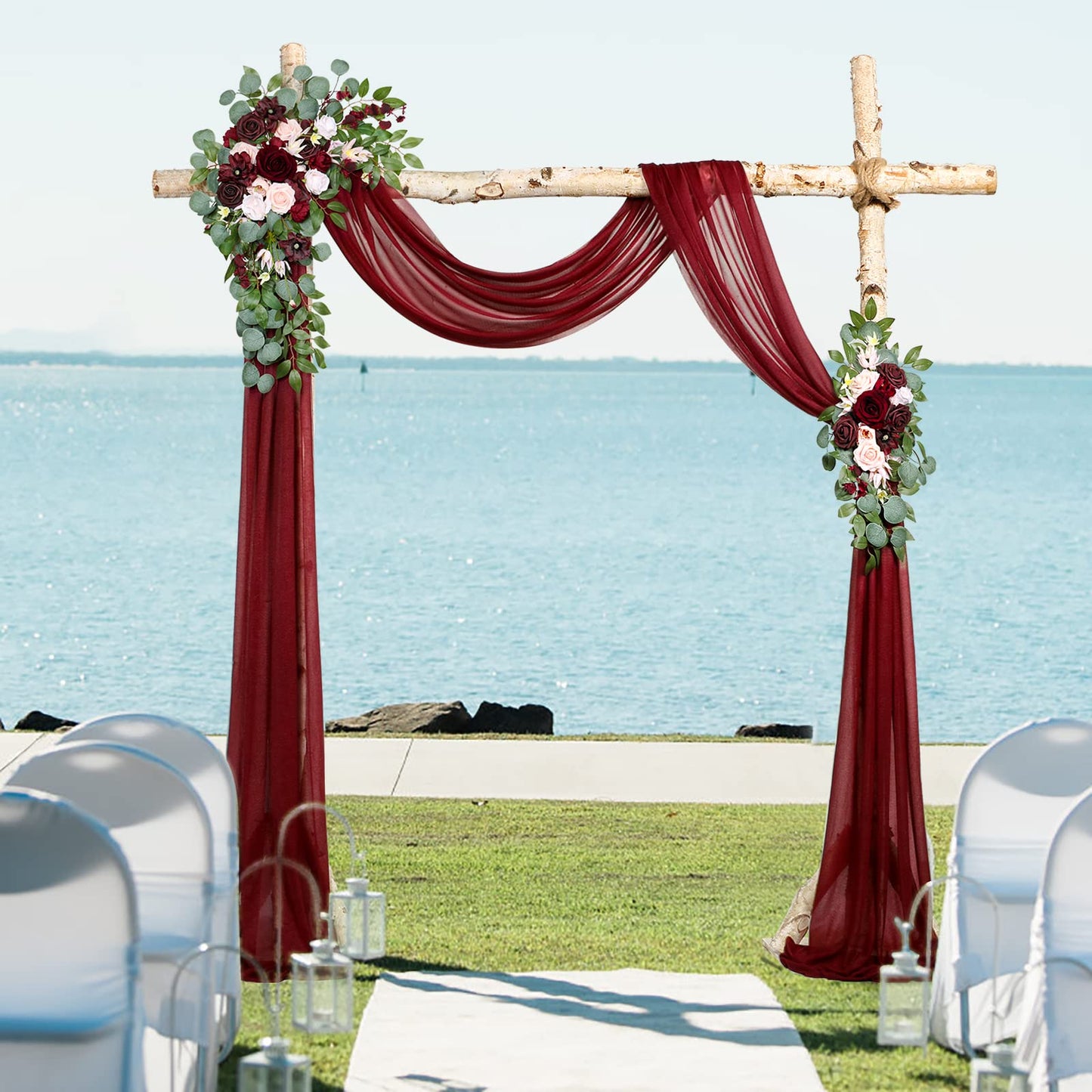Ponatia Burgundy Wedding Artificial Arch Flowers Kit (Pack of 3) With 26Ft Shiny Arch Draping Fabric for Ceremony and Reception Backdrop Decoration (Burgundy & Blush)