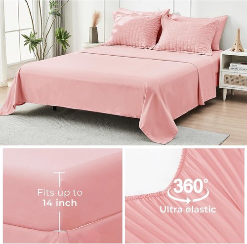 HYMOKEGE King Size Comforter Set - Luxury 7-Piece Rose Pink Bedding Set with Sheets & Pillowcases