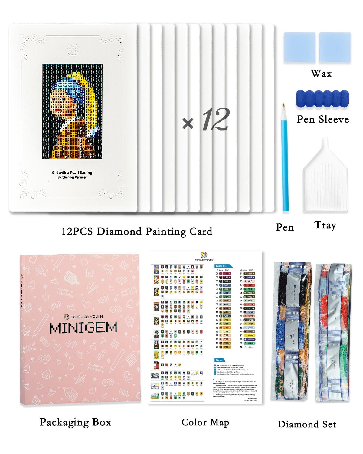 Minigem 12pcs Small Diamond Painting Kits Small Diamond Art Kits, Quick & Classic Mini Diamond Painting Kits for Beginners 1-Hour Painting, Postcard-Style Diamond Art Square Drill Pocket-Sized 5x7in
