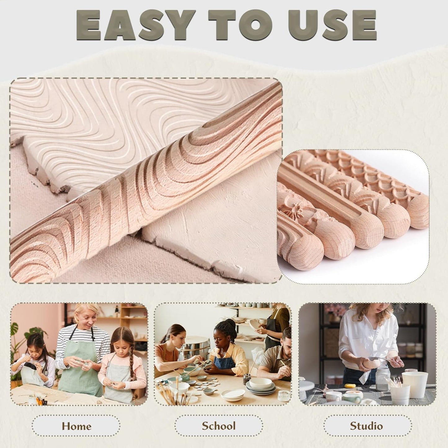 Krbnk 11Pcs Clay Pottery Tools Kit with 5 Clay Texture Rollers, 4 Clay Stamps, 2 Foot Shapers Pottery Ribs Trimming | All-in-One Ceramic Carving Set for Clay Molding & Sculpting & Ceramics