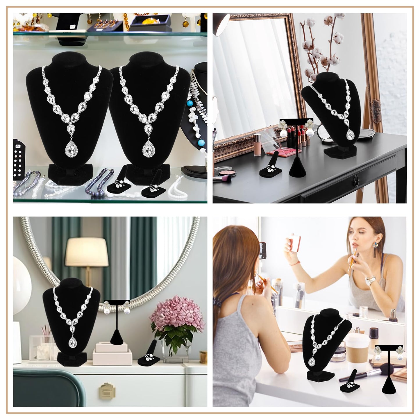 Wenqik 3 Pcs Velvet Jewelry Display Set Velvet Necklace Bust Holder T Shape Earring Stand Ring Finger Jewelry Holder, Black