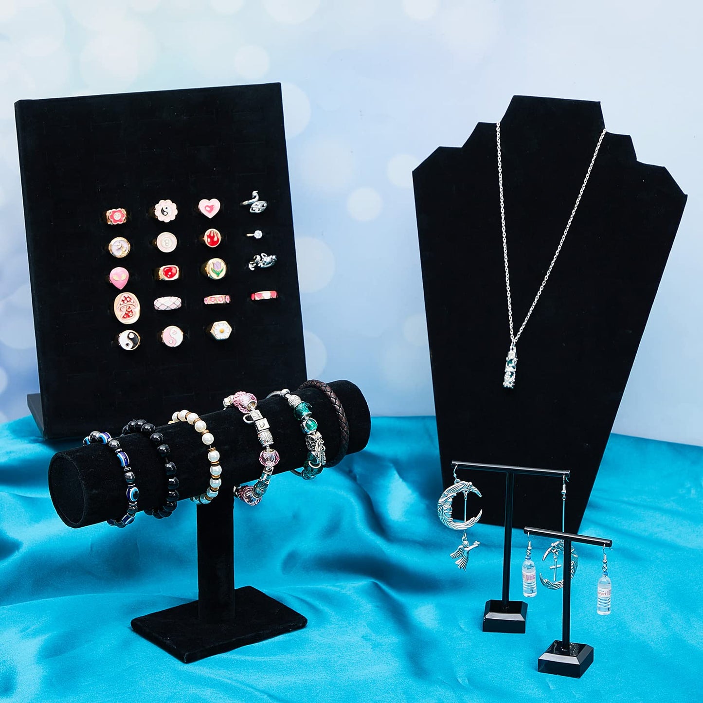Henoyso 22 Pcs Velvet Jewelry Display Set Jewelry Display for Selling Necklace Stand Bracelet Holder T Shape Earring Stand (Black)