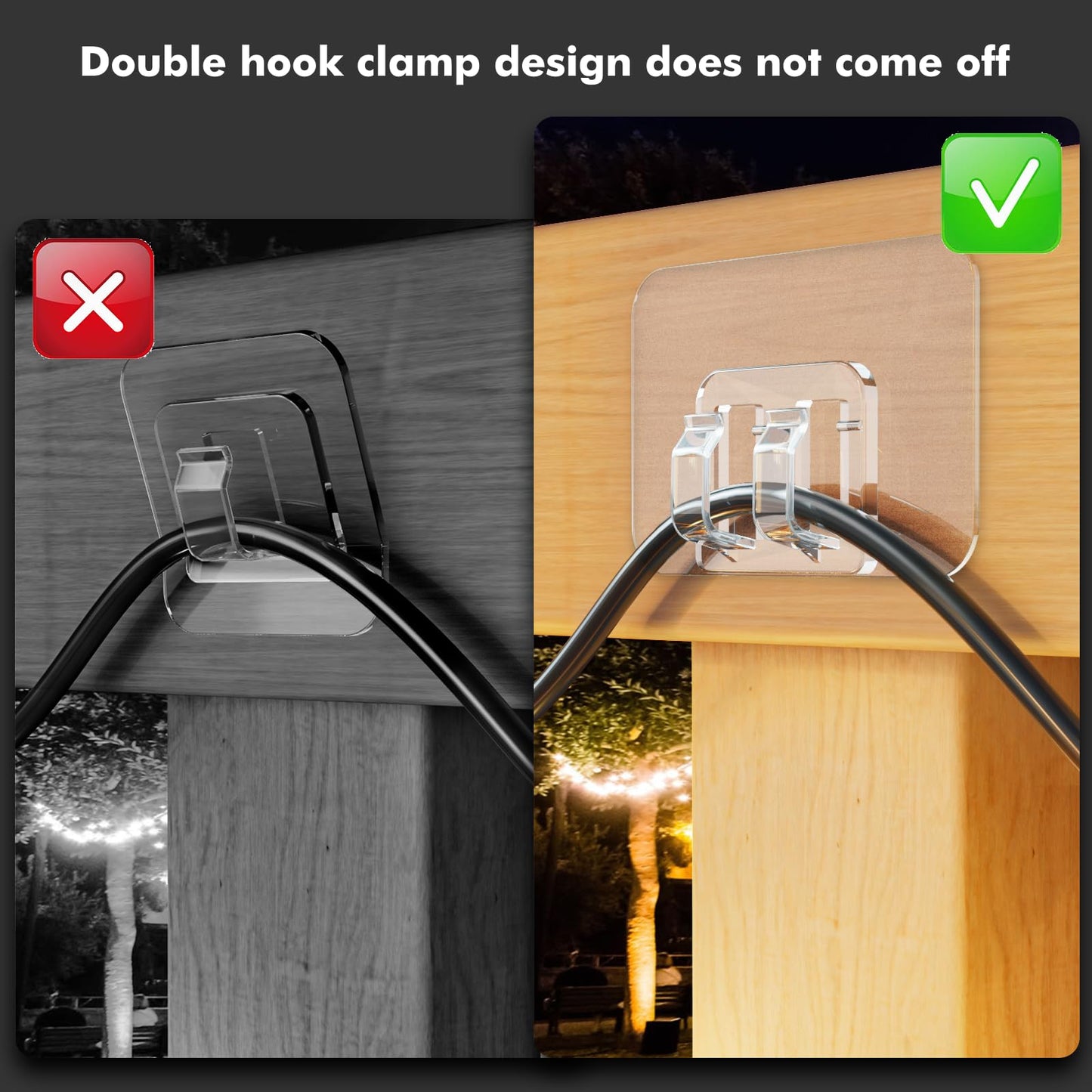 Galetcy Hooks for Outdoor String Lights - 100 Pack with Adhesive Strips - No Damage, No Tools, No Holes, Waterproof and UV-Resistant, Perfect for Christmas and Patio Decor