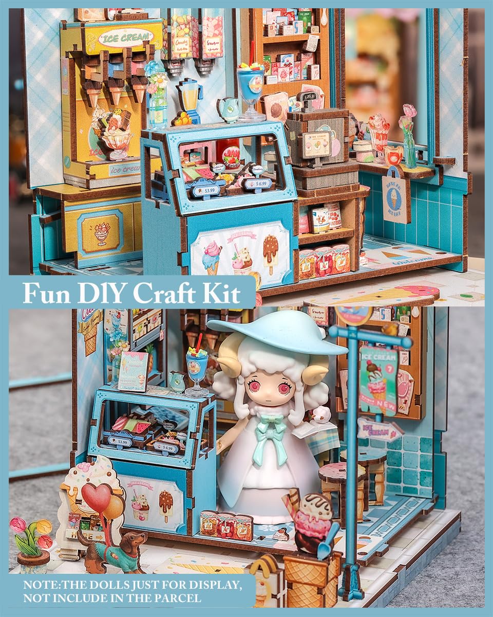 Cutefun Book Nook Kit - DIY Miniature Dollhouse Kit for Adults and Teens, 3D Wooden Puzzle Bookshelf Insert Decor with LED Light, Gifts for Book Lovers and Beginners (Bella's Ice Cream)