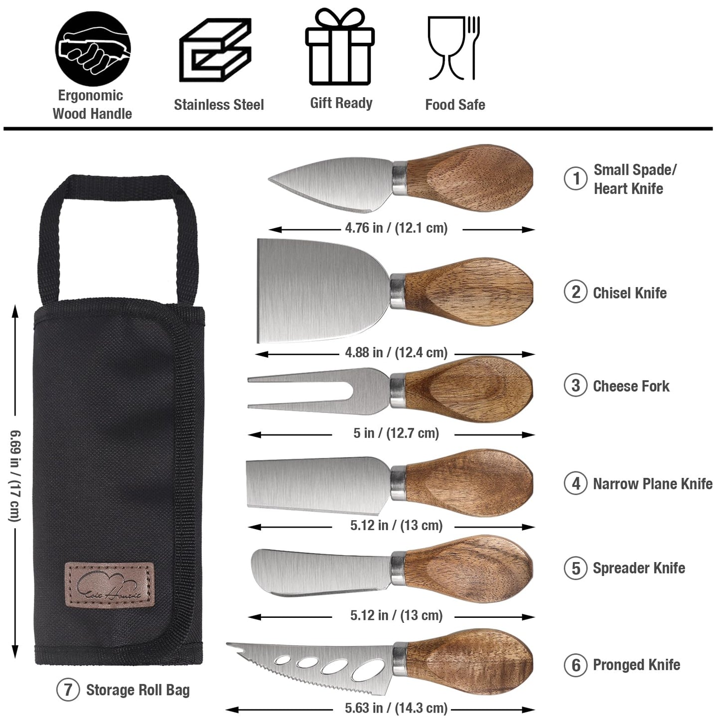 Esie Houzie Charcuterie Board Accessories - 6 Piece Cheese Knife Set Stainless Steel With Acacia Wooden Handle for Cheese Serving Cutting, Cheese Tools Butter Knife With Storage Bag Included Gift Set