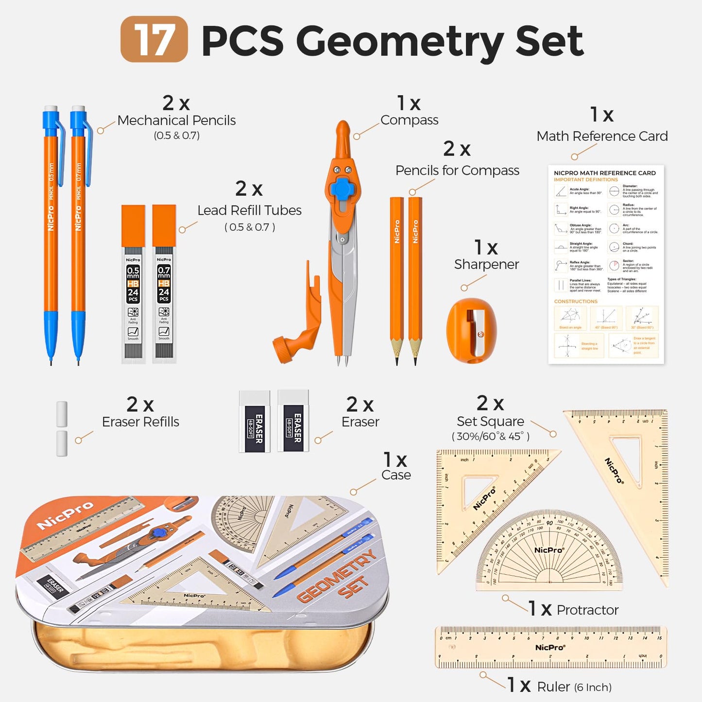 Nicpro 17 PCS Compass Geometry Set for Students, Drafting Tools Math Protractor Compass with Rulers, Mechanical Pencil, Square Set, Box of Protractors Kit for Class Supplies, Back to School Supplies