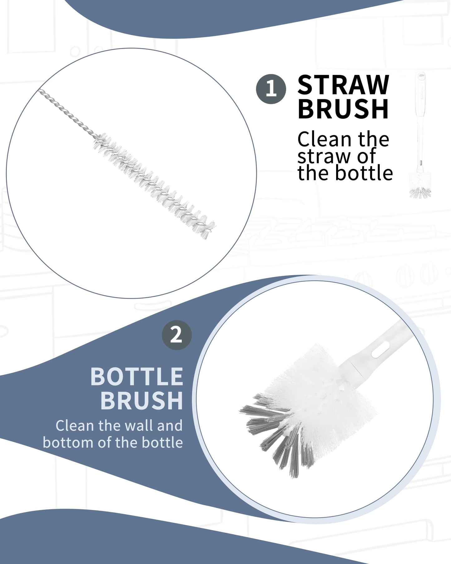 ROSEOK 2 in 1 Long Handle Bottle Brush with Straw Brush for Cleaning Glass, Sports Bottle, Coffee Mug,Navy Blue,1 Pack