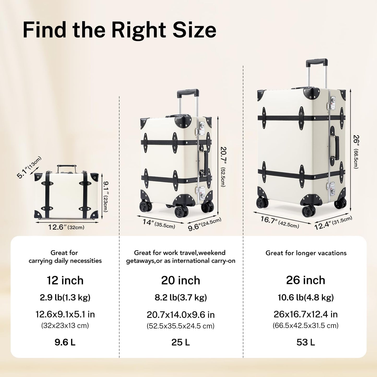 universal trotter Vintage PU Leather Luggage Set, Retro Trunk Suitcase with Wide Aluminum Frame, TSA Key Locks and Smooth 360° Spinner Wheels (Ivory Signature,26"+12")