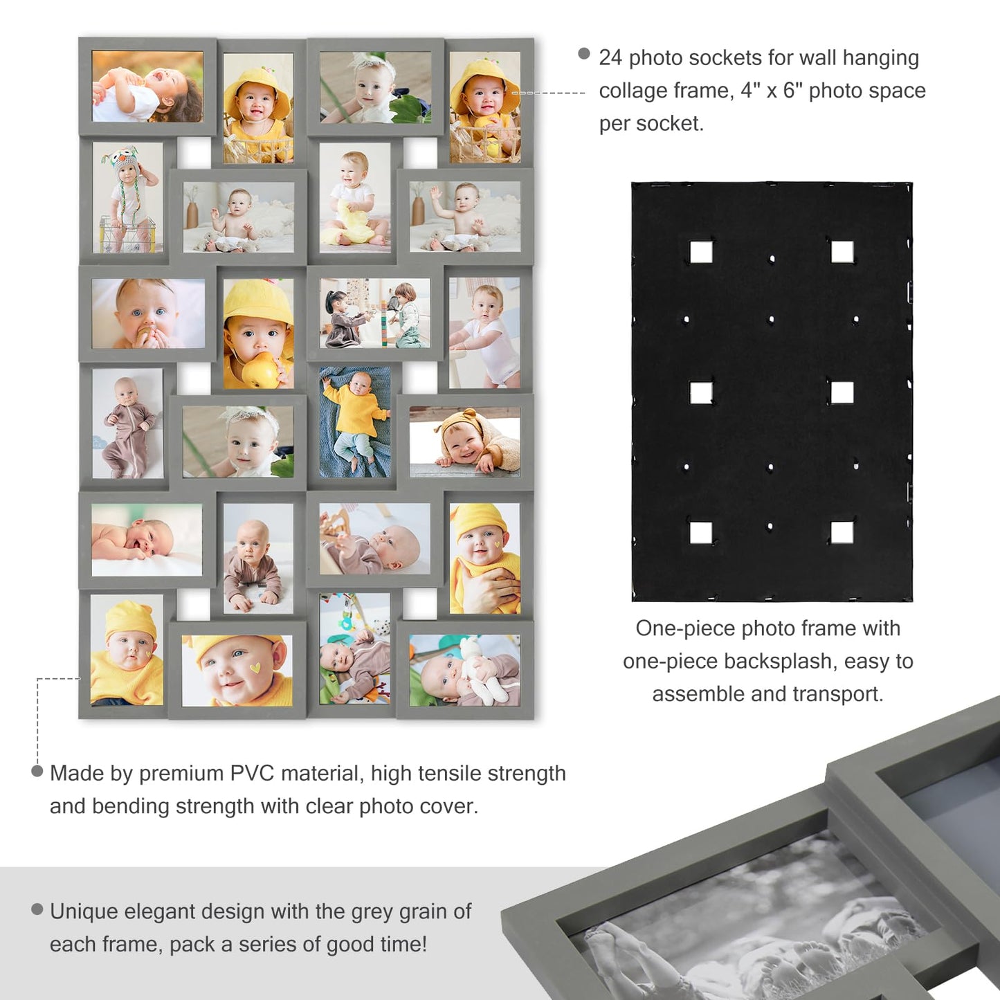 HELLO LAURA 4×6 Collage Picture Frames,24 Opening Photo Collage Frame for Wall Decor,Multi Family Photo for Gallery Decor, Hanging Display - Grey