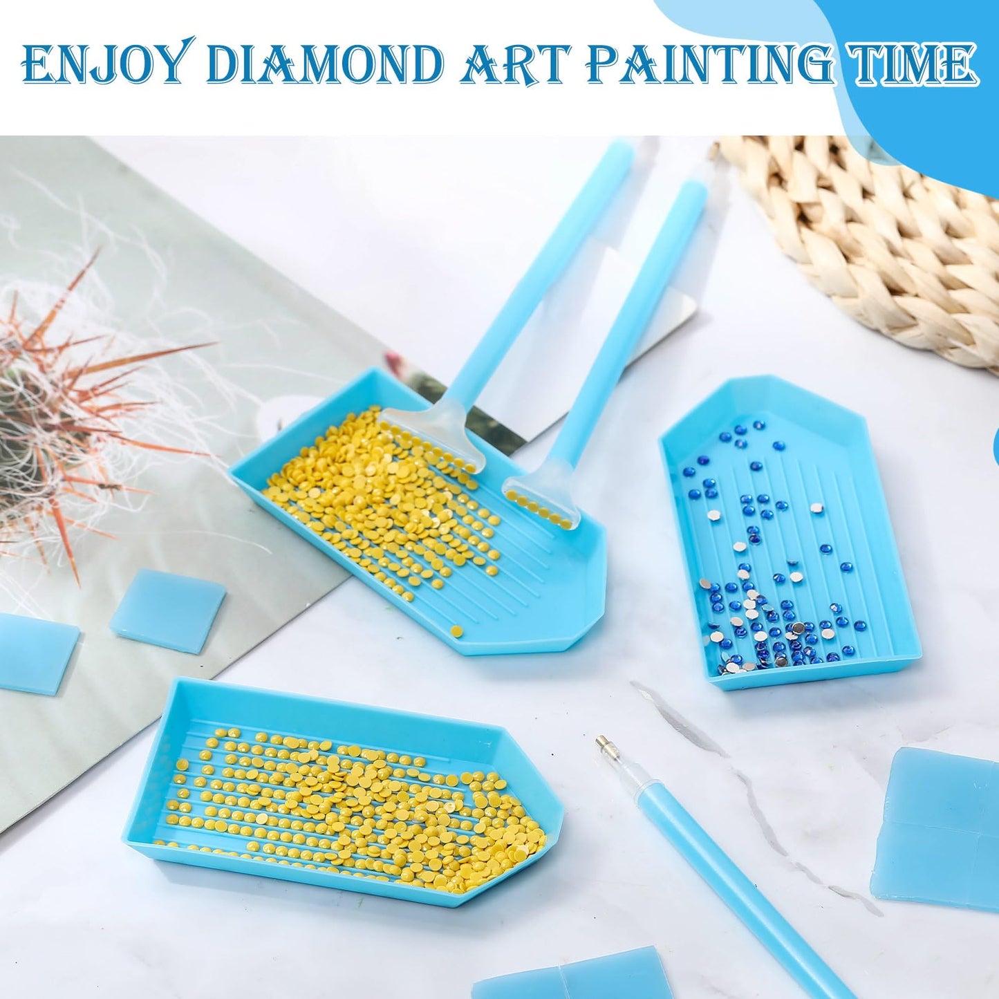 Affrolling 90 Pcs 5d Diamond Art Painting Tools and Accessories Kits Include Drill Pens with 3 Drill Sizes, Plastic Diamond Trays, Glue Clay, Rhinestone Art Painting DIY Accessories(Blue)