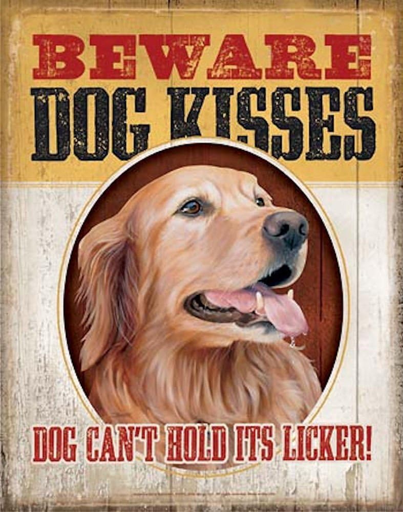 Wild Wings Tin Sign - Beware Dog Kisses featuring Golden Retriever