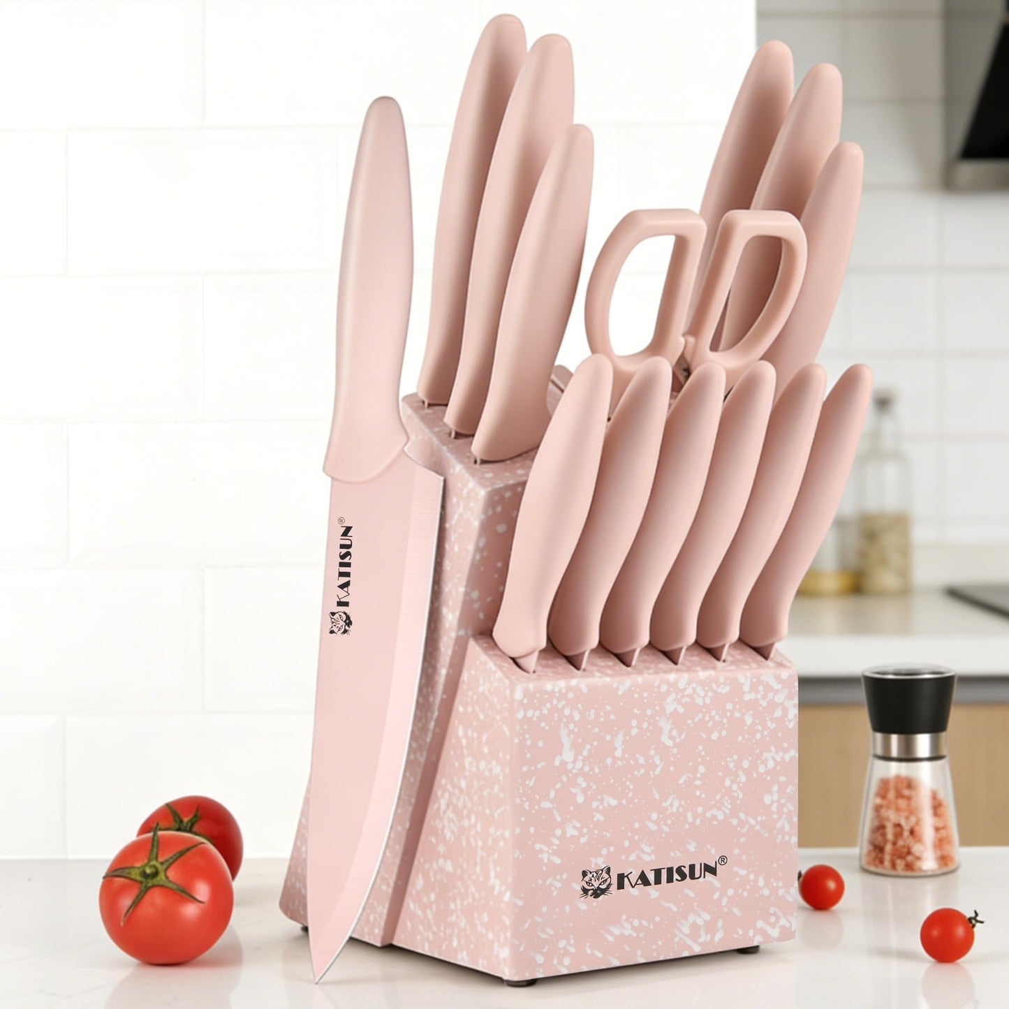 Knife Set, 15 Pieces Knives Sets for Kitchen with Block, Dishwasher Safe Kitchen Knife Set with Built in Sharpener Block, German High Carbon Stainless Steel Knife Block Set with Pink Nonstick Coating