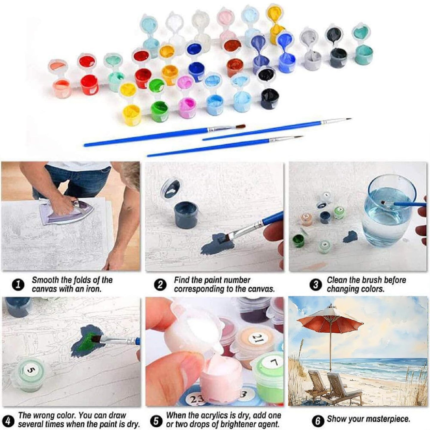 uuxsretaio 6 Pack Paint by Numbers Kits for Adults Beginners, Beach Paint by Number Kits on Canvas, DIY Acrylic Oil Painting Kits with Brushes for Home Wall Decor (8x12 inches Without Framed)