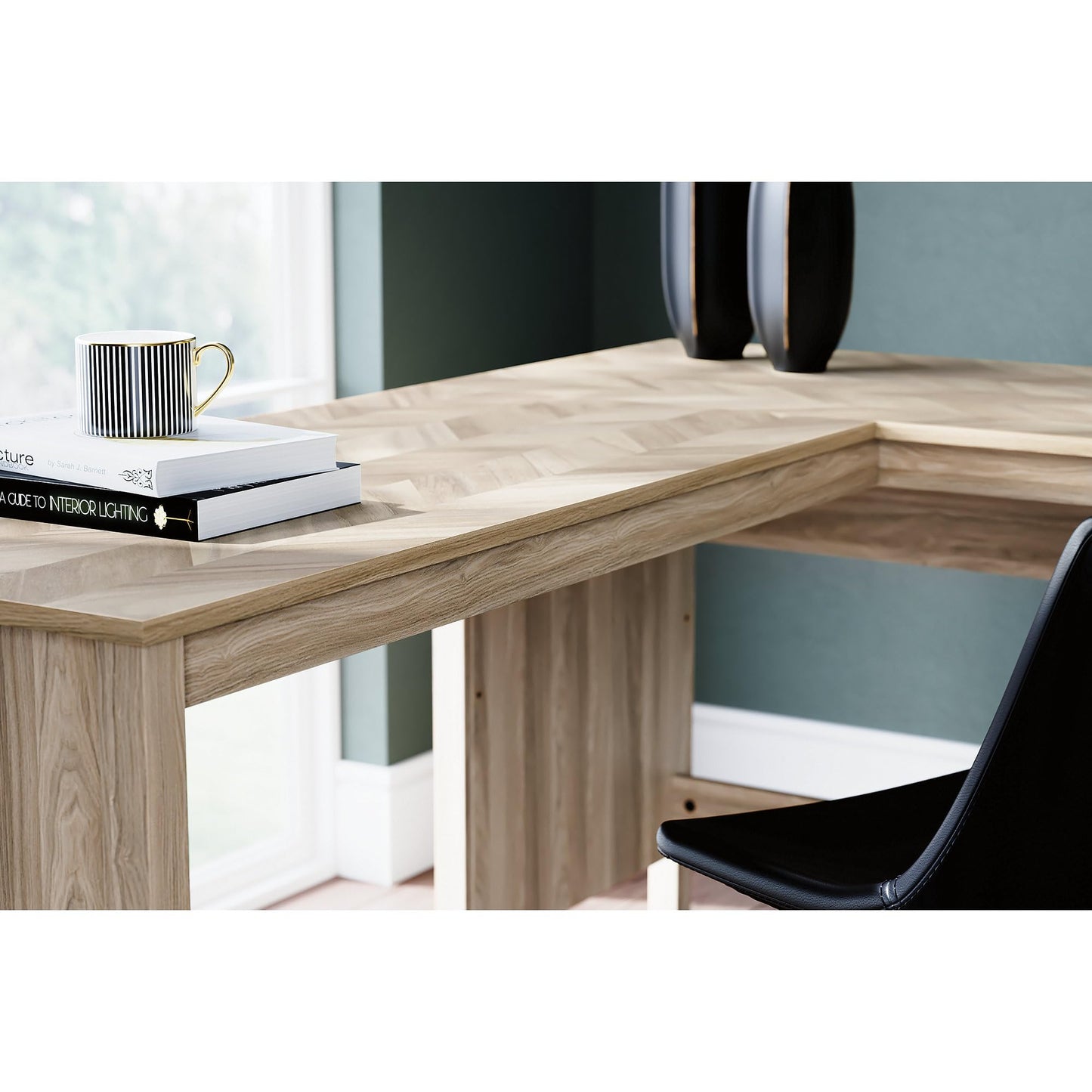 Signature Design by Ashley Battelle Scandinavian 60" Home Office Desk with Return, Drawer and Cabinet, Light Brown