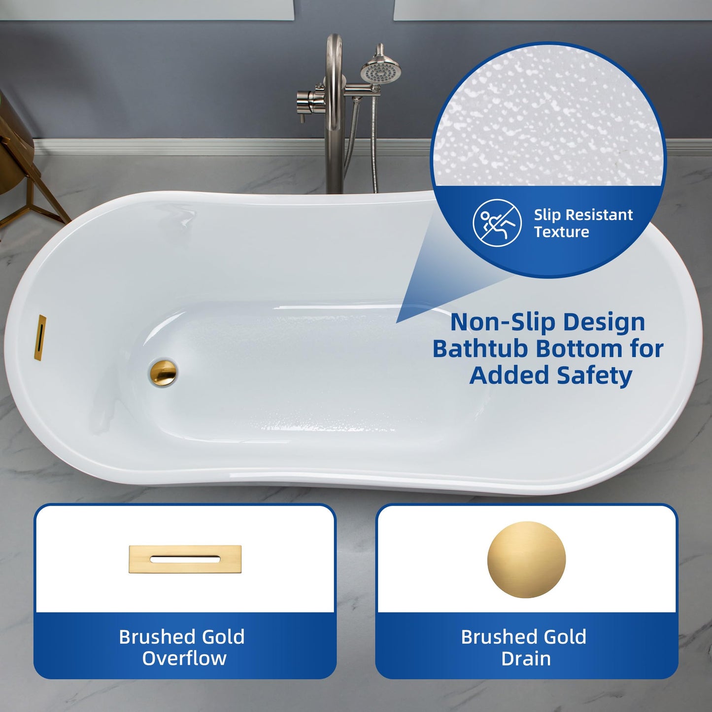 WOODBRIDGE 59" Acrylic Freestanding Bathtub Contemporary Soaking White Tub with Brushed Gold Overflow and Drain,B1530-BG-Drain&O