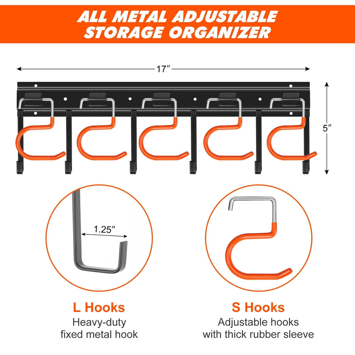 TVKB 68'' All Metal Garden Tool Organizer Wall Mount Garage Organizers and Storage with Hooks Tool Hangers for Shed
