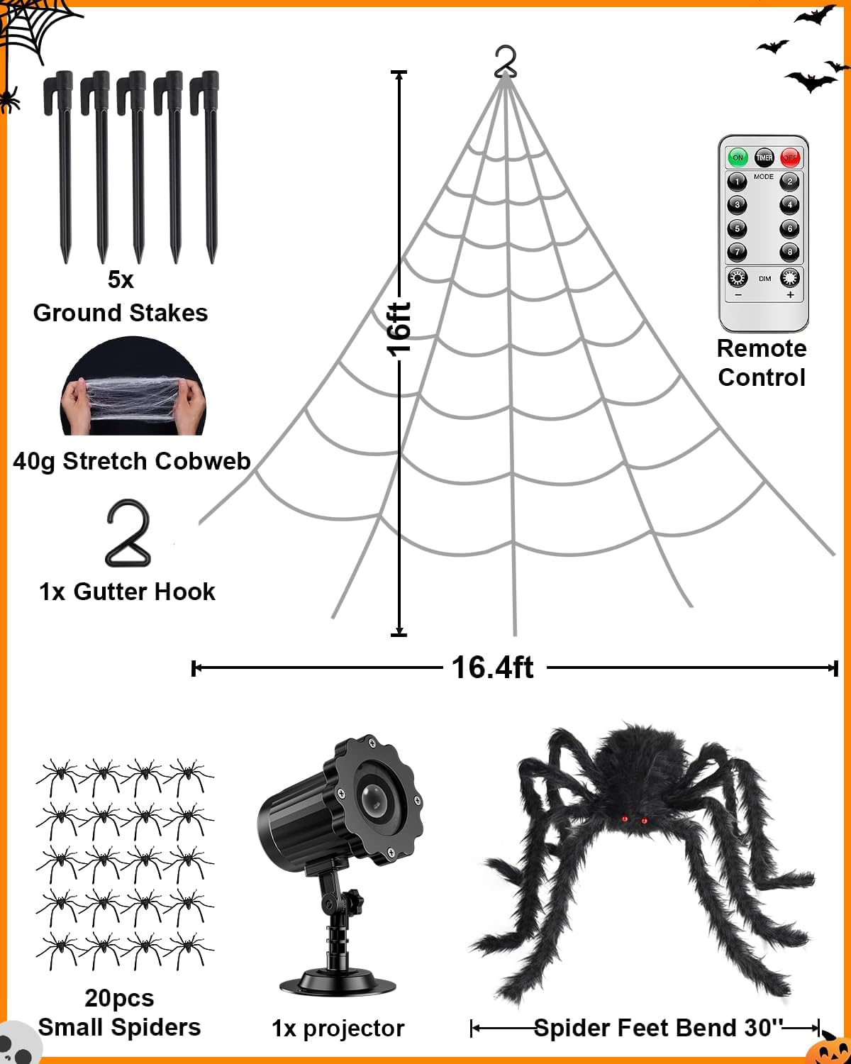 3D HD Dynamic Giant Spider Halloween Projector+Brighter Spider Webs Lights Set,250 Purple LED Light Up,8 Modes 16.4Ft Giant Spiderweb with Remote Control,with 48'' Giant Spider