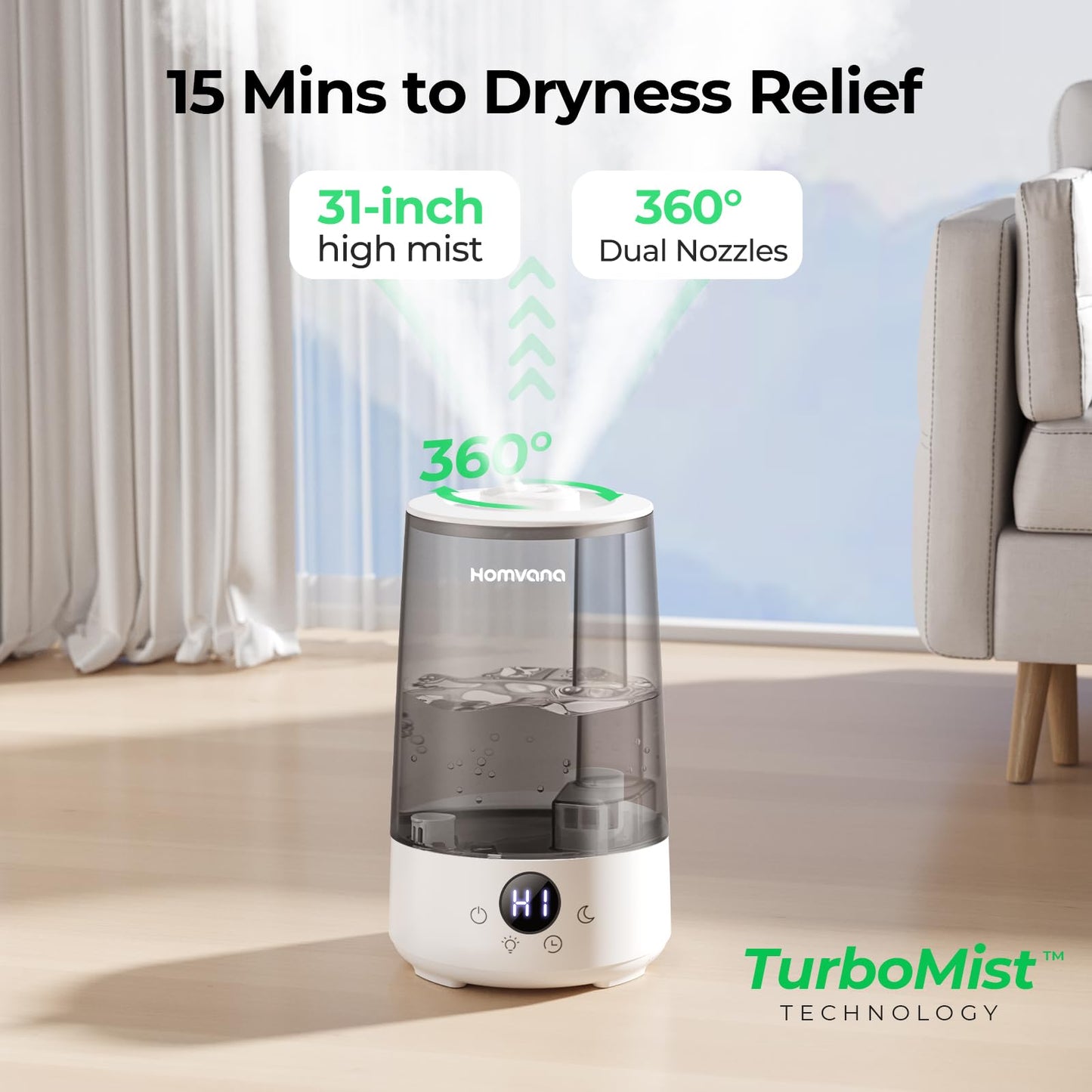 Homvana Humidifiers for Bedroom Home, 3.6 L Cool Mist Top-Fill 34H Super Long Time, Quiet 23dB, Baby Humidifier, Oil Diffuser for Large Room, Plants, Nursery, Office BPA FREE, 7 Color Light Ultrasonic