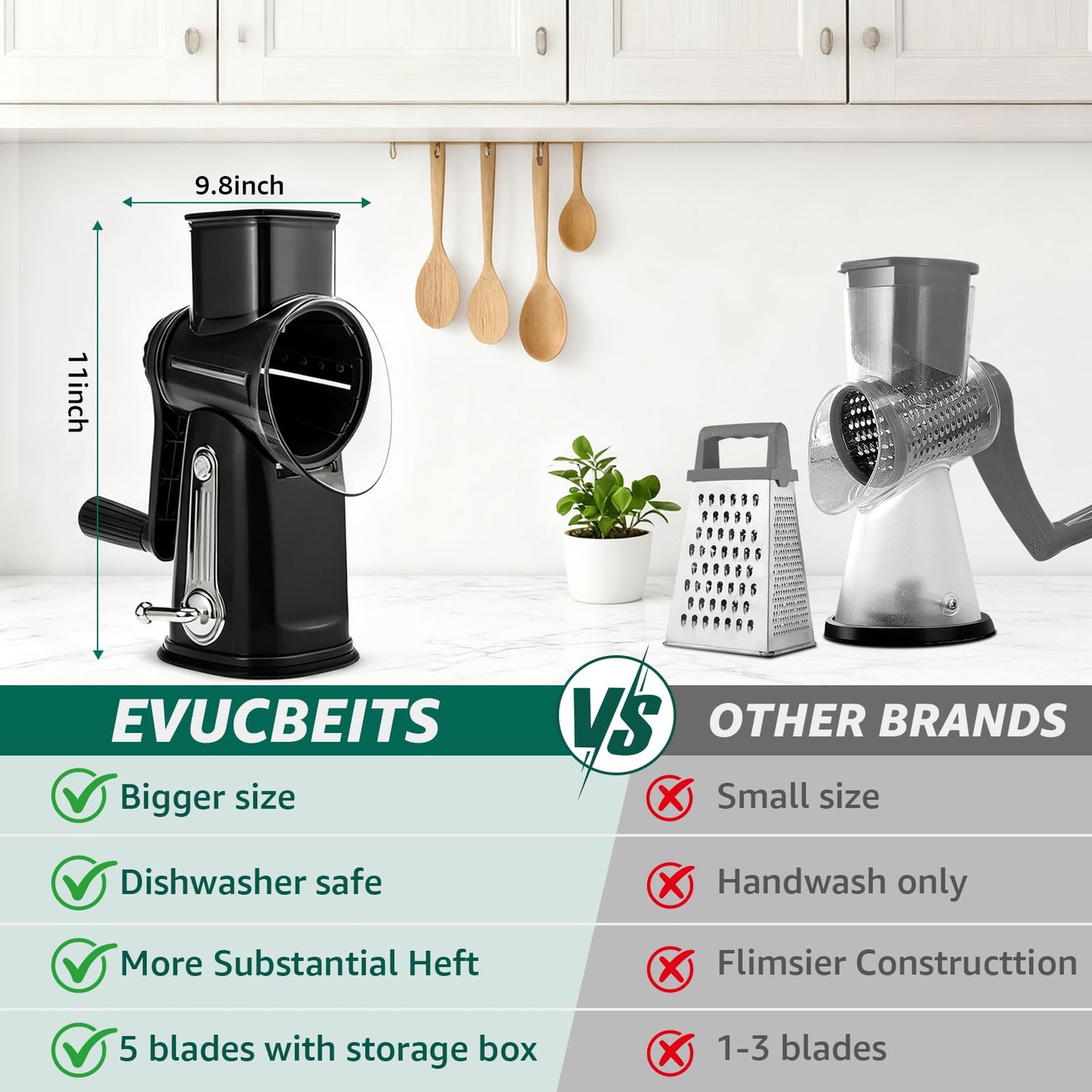 EVUCBEITS Rotary Cheese Grater Hand Crank - Cheese Shredder with 5 Blades & Strong Suction Base, Mandoline Slicer Vegetable Chopper, Kitchen Gadgets with Storage Box, Black