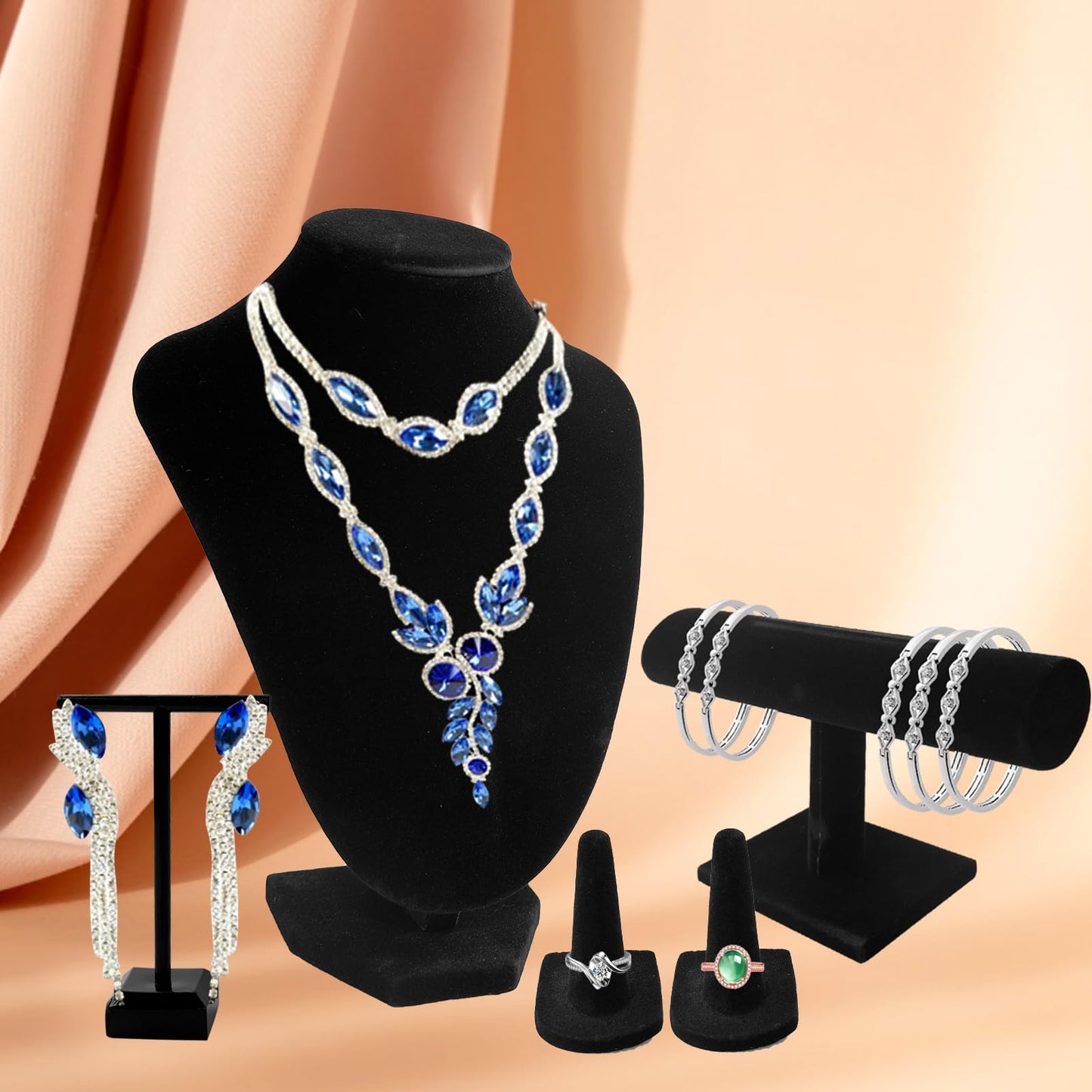 SENONAPO 6 Pcs Velvet Jewelry Display Set- Velvet Necklace Bust Holder Mannequin Bust & T-Bar 2 T Shape Earring Stand 2 Ring Finger Jewelry Holder Bracelet Organizer for Jewelry Showcase
