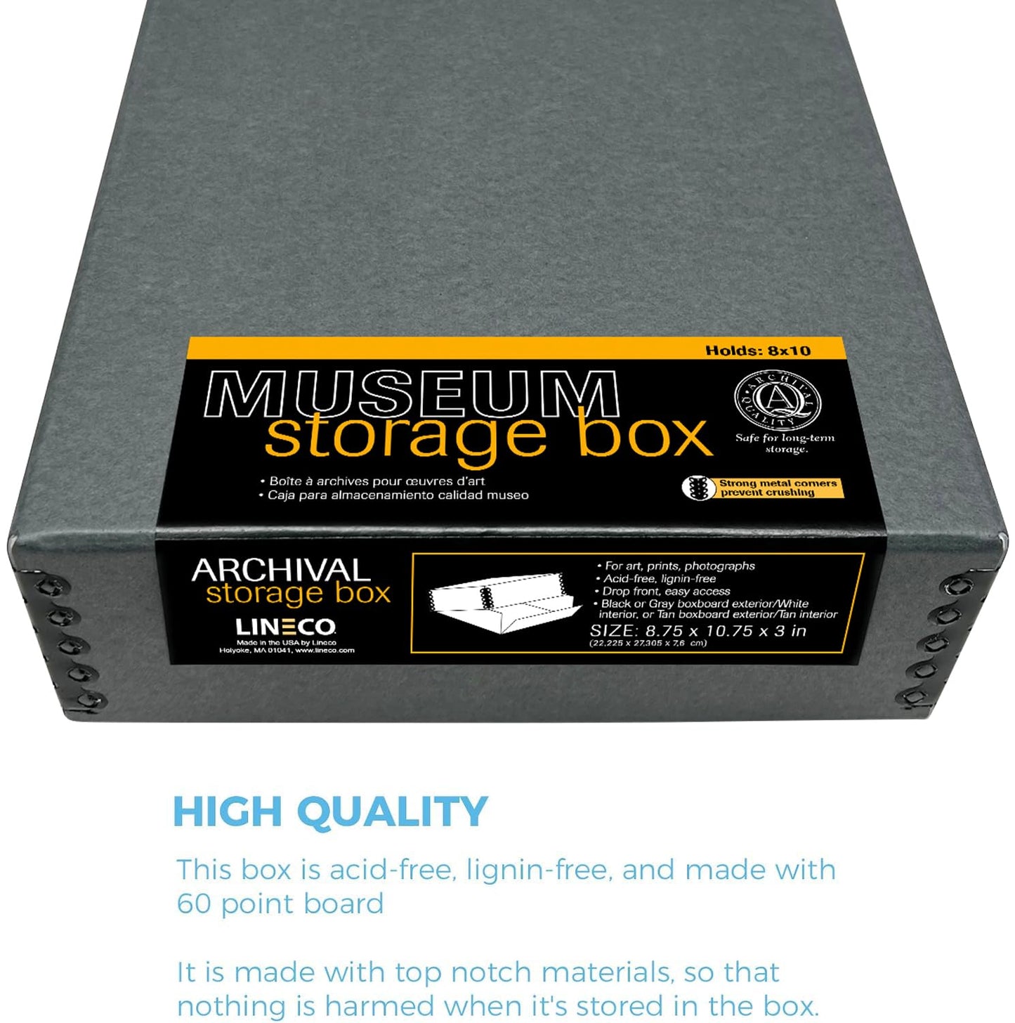 Lineco Museum Archival Storage Box, 8.75x10.75x3 in. Drop Front Design. Acid-Free with Metal Edge. Organize Photos, Pictures, Prints, Documents, Crafts, DIY. Gray, 1 Pack