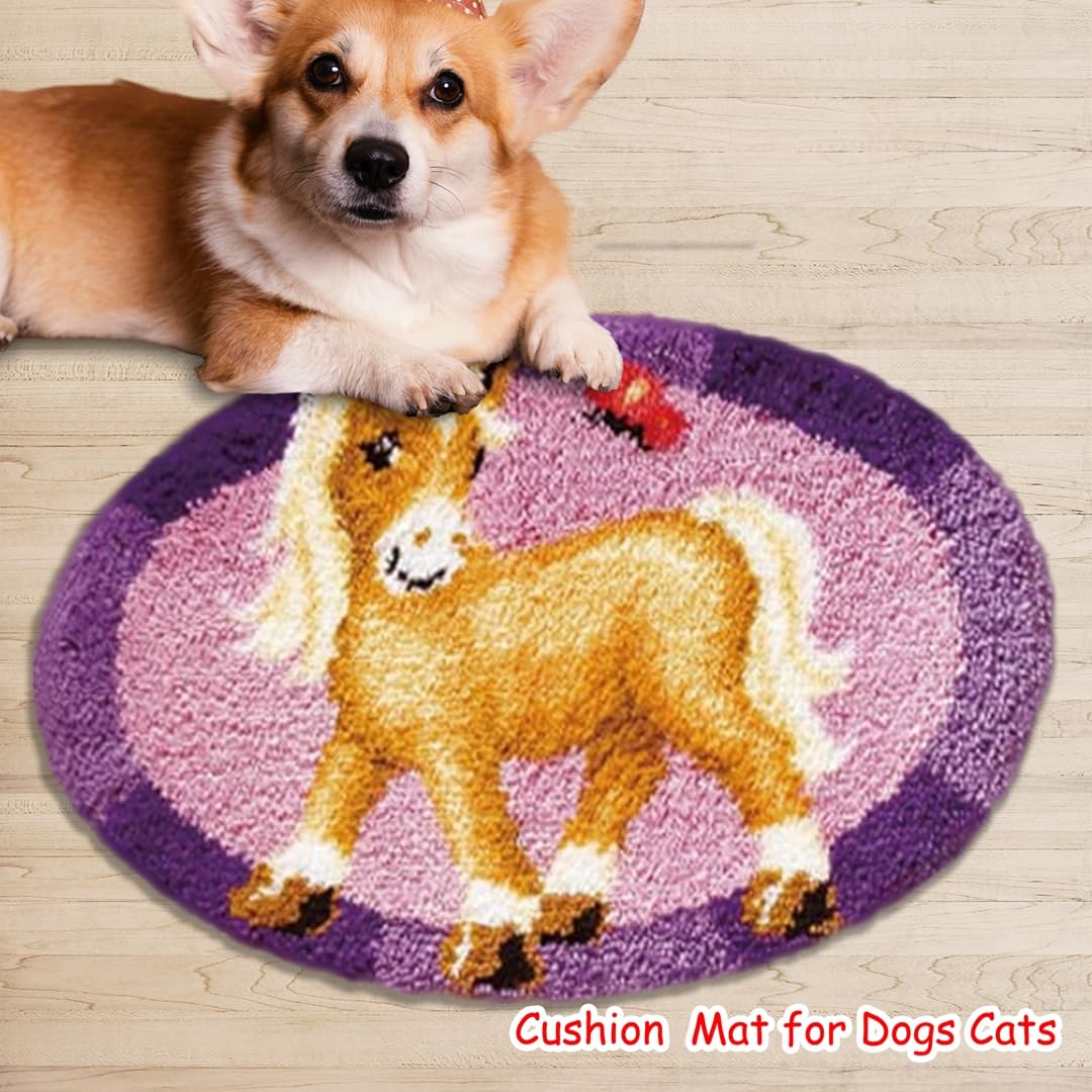 DL-YTG Latch Hook Kits Rug Pink Horse Crochet Yarn Cushion Colour Pre-Printed Canvas Cover Rug Needlework DIY Hook and Latch Kit Christmas Home Decoration 50x50cm/20 X20inch