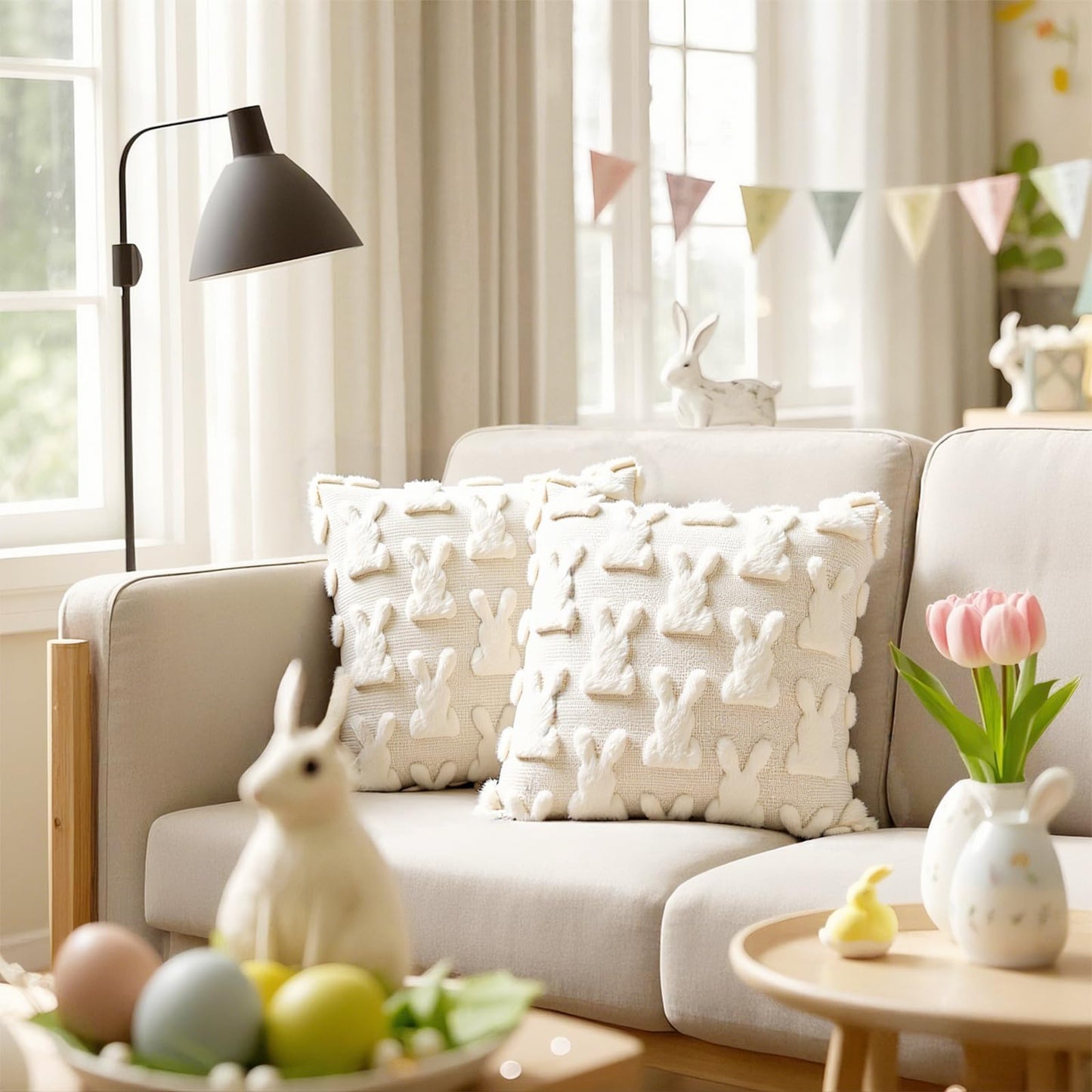 AONSOULE Easter Pillow Covers 18x18, 2Pcs Soft Beige Bunny Pillow Covers with Hidden Zipper, Easter Home Decorations Cute Spring Home Decors for Sofa Bedroom