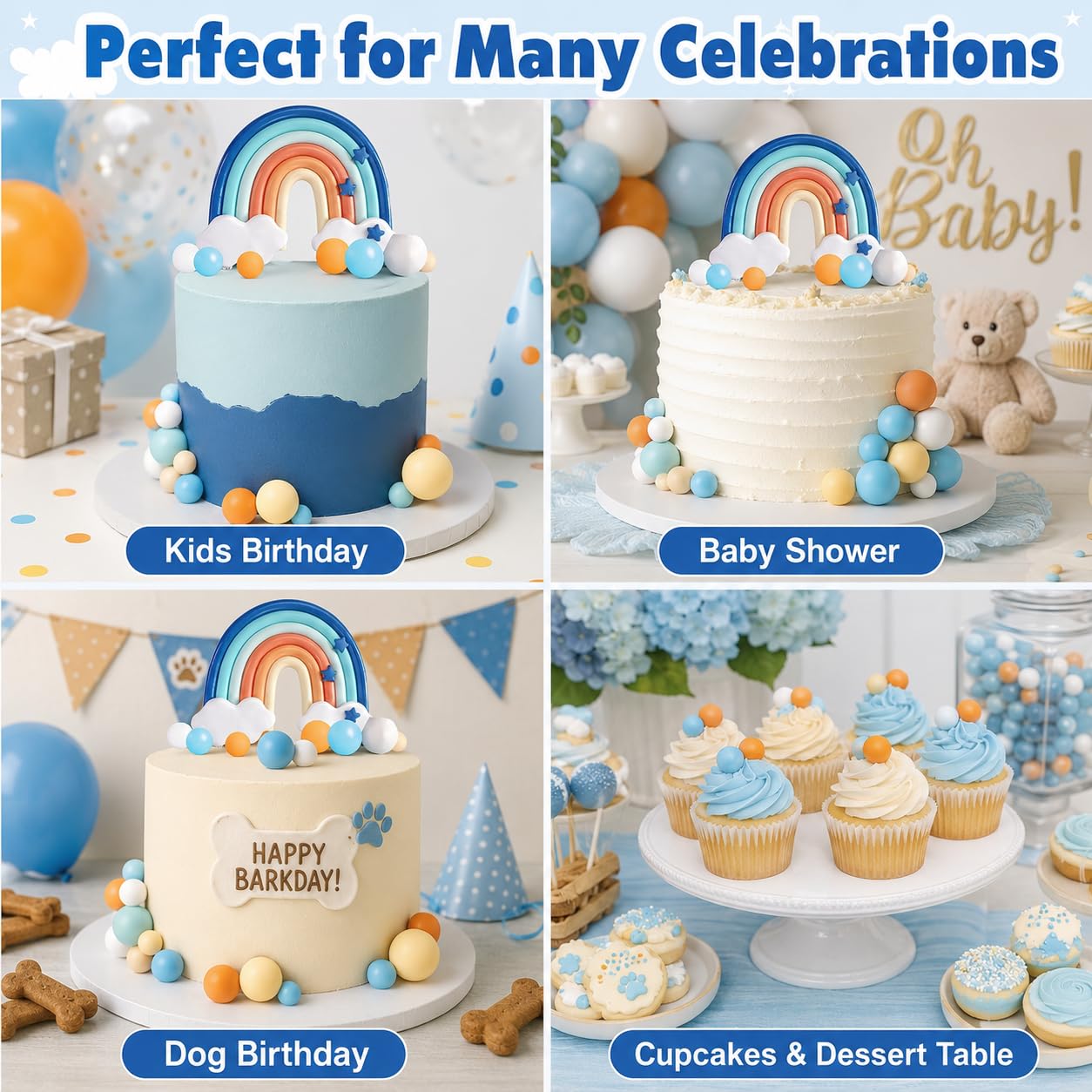 Blue Rainbow Cake Toppers, Qoadwem 14pcs Blue Rainbow Cake Toppers With Orange White Balls For Dog Birthday Cake Decorations Baby Shower Party Supplies