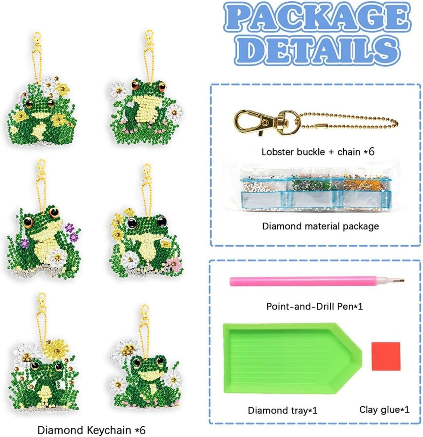 YUE ZHE 6 PCS Frog Diamond Art Kits for Adults Double Sided Diamond Art Keychains Animal DIY 5D Painting Keychains Kits for Adults Beginners DIY Crafts