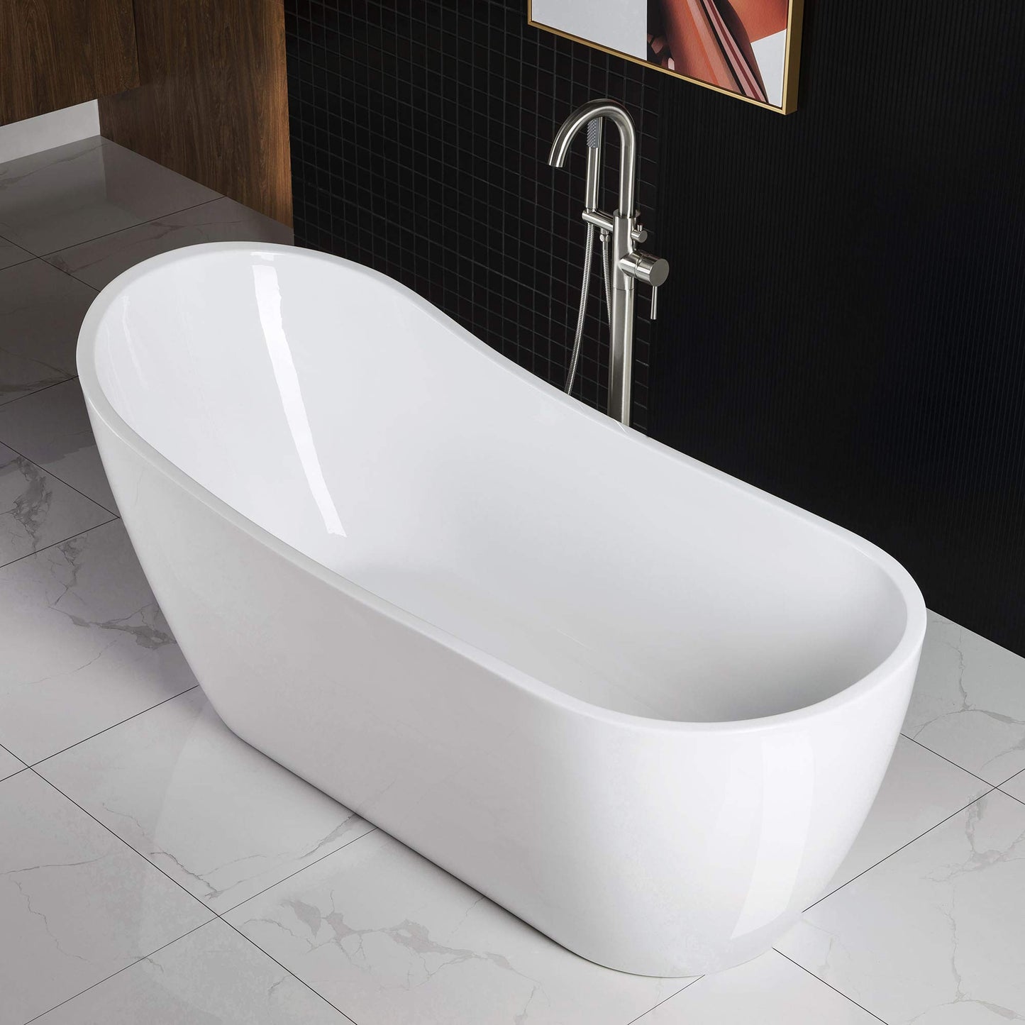 WOODBRIDGE 67" Acrylic Freestanding Bathtub Contemporary Soaking White Tub with Brushed Nickel Overflow and Drain,B-0001-BN